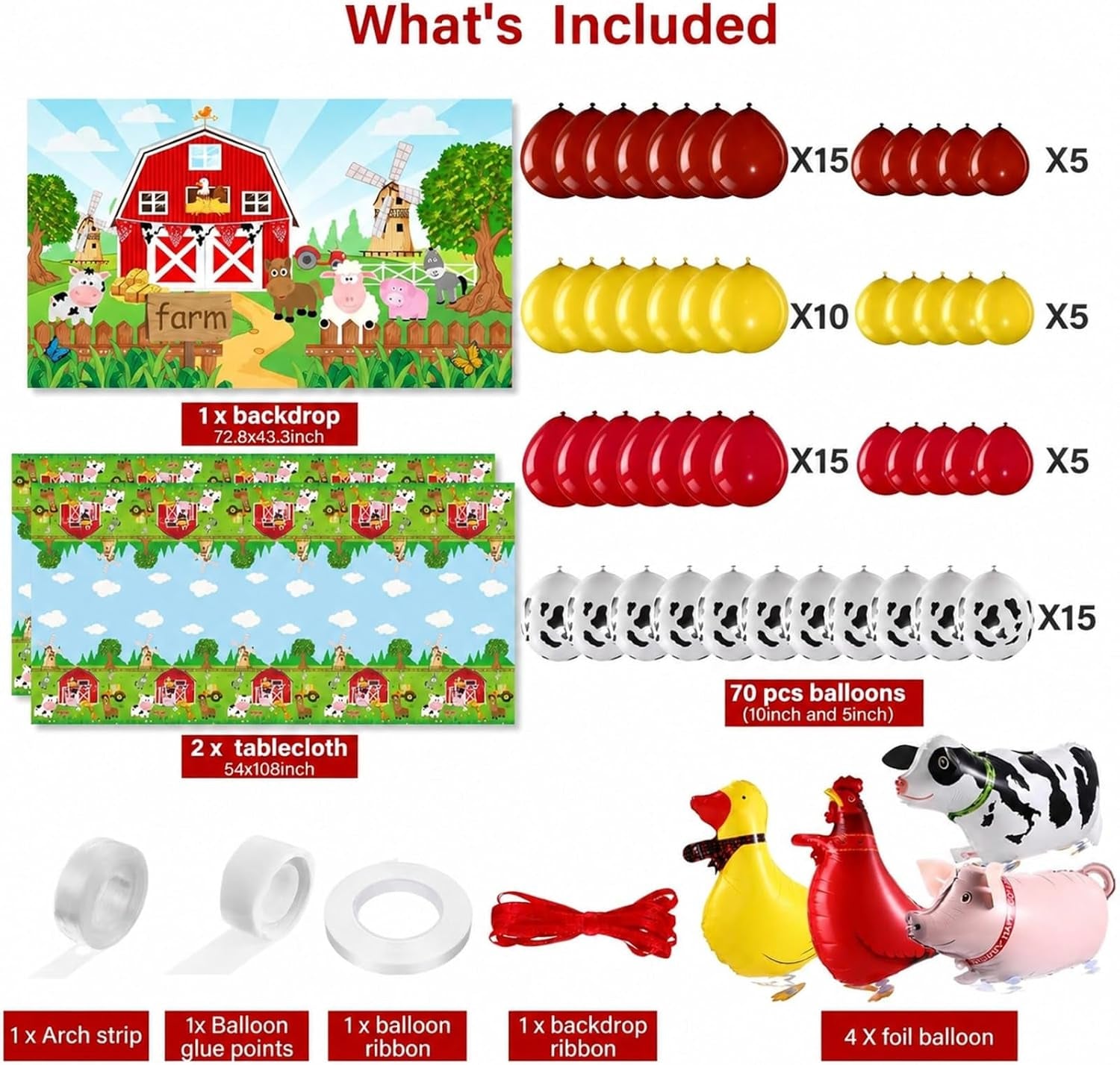 Farm Animals Theme Party Decorations Farm Barn Backdrop Banner Farmhouse Animals Decor Tablecloth Balloon Arch Garland Kit for Birthday Photography Baby Shower Party Supplies(Red)