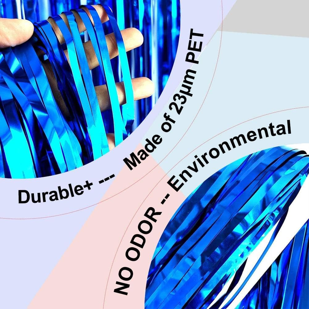 Blue Foil Fringe Curtain- 4 Pack of 3.2X8.2Ft Blue Streamers Backdrop Curtains for Party Decorations