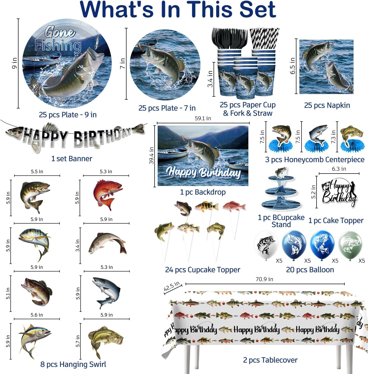 219 Pcs Fishing Birthday Party Decorations Serves 25 Guests, Fish All-In-One Birthday Tableware Set with Plates, Backdrop, Cupcake Stand, Napkins, Banner, Tablecloth, Cake Topper and Centerpieces