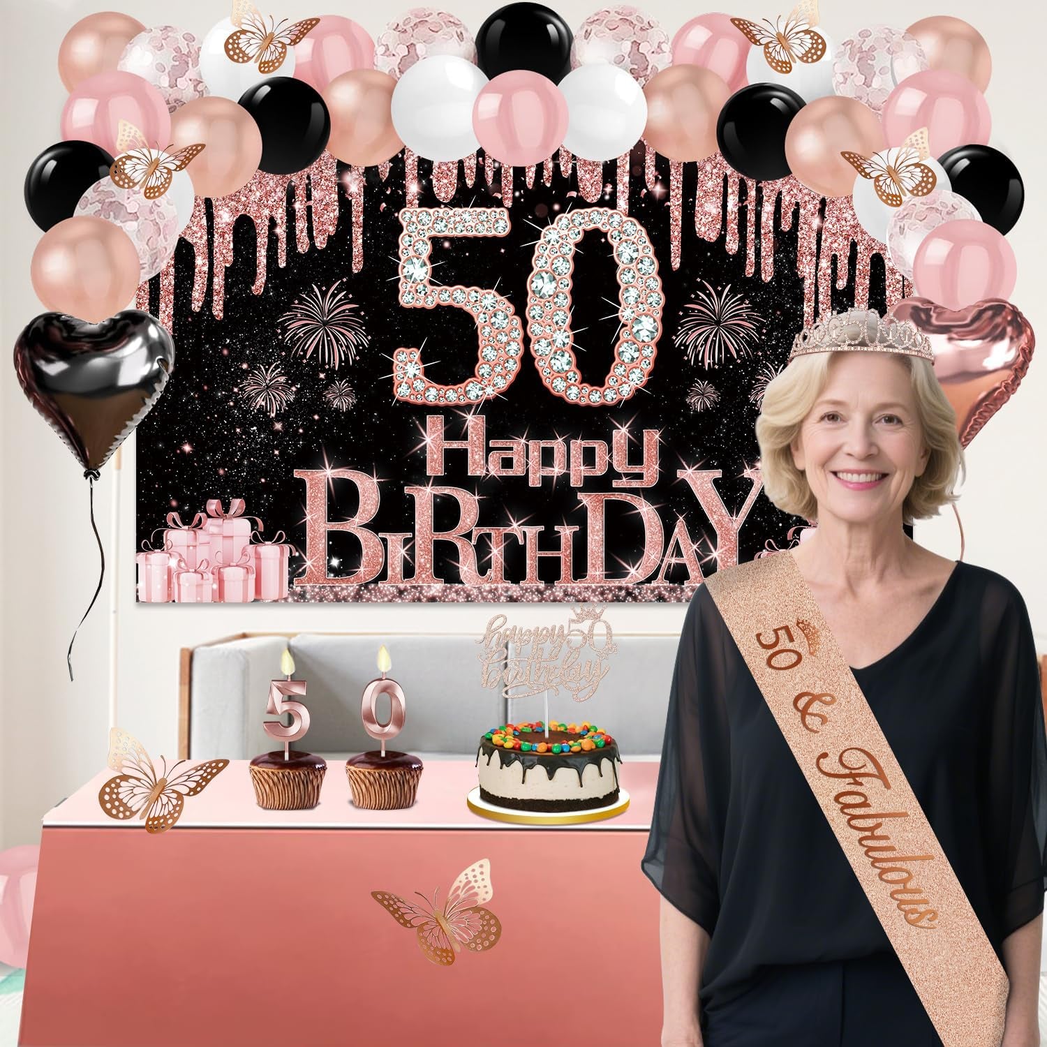 50Th Birthday Decorations for Women, 49Pcs Black Rose Gold Black Happy 50Th Birthday Banner, Tablecloth, Butterfly Decor, Sash and Tiara, Cake Topper, Candles, Balloons Arch