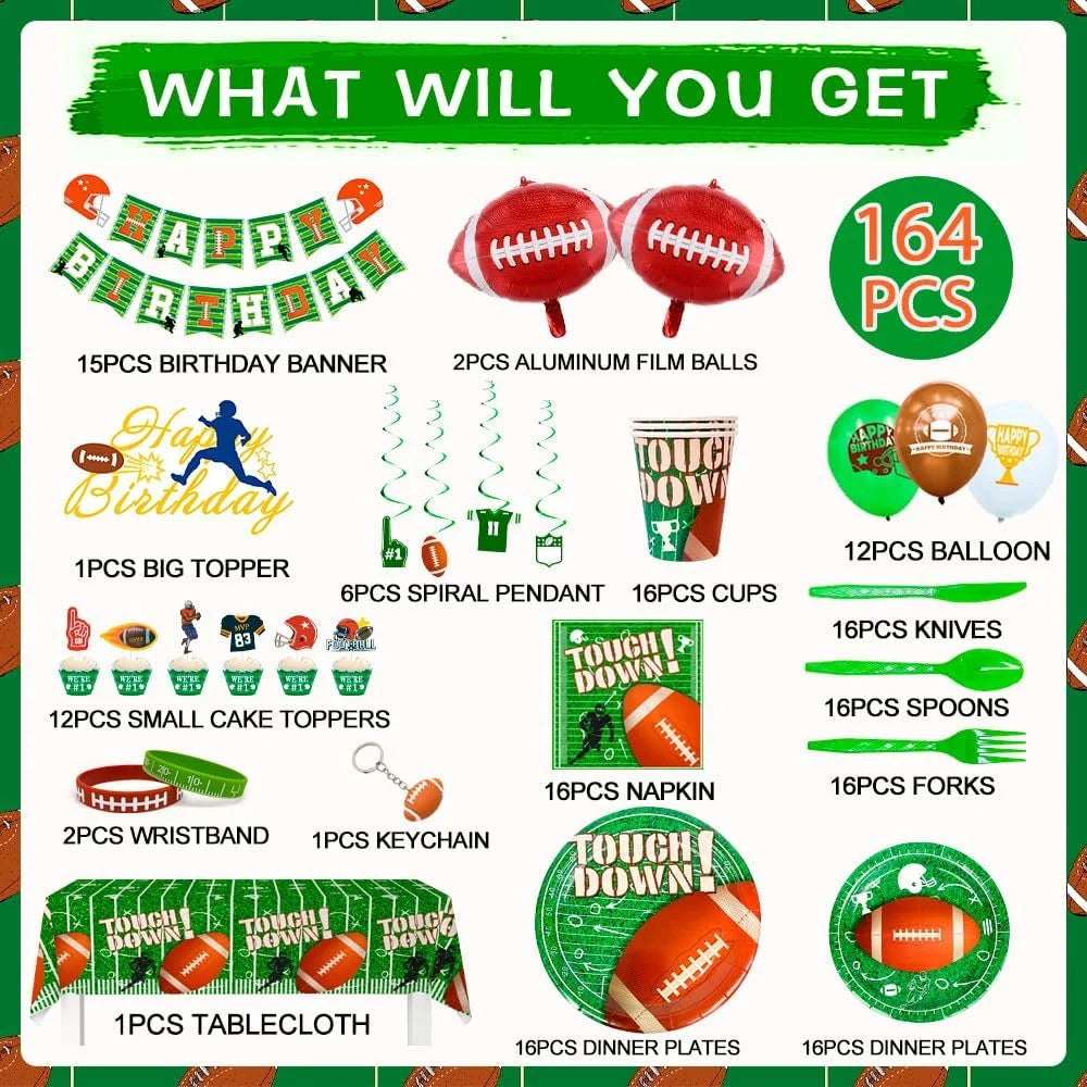 Football Party Supplies-164Pcs Football Birthday Party Decorations&Tableware Set Include Football Paper Plates and Napkins Cups Tablecloth Banner Balloons, Football Theme Party Supplies for Game Day