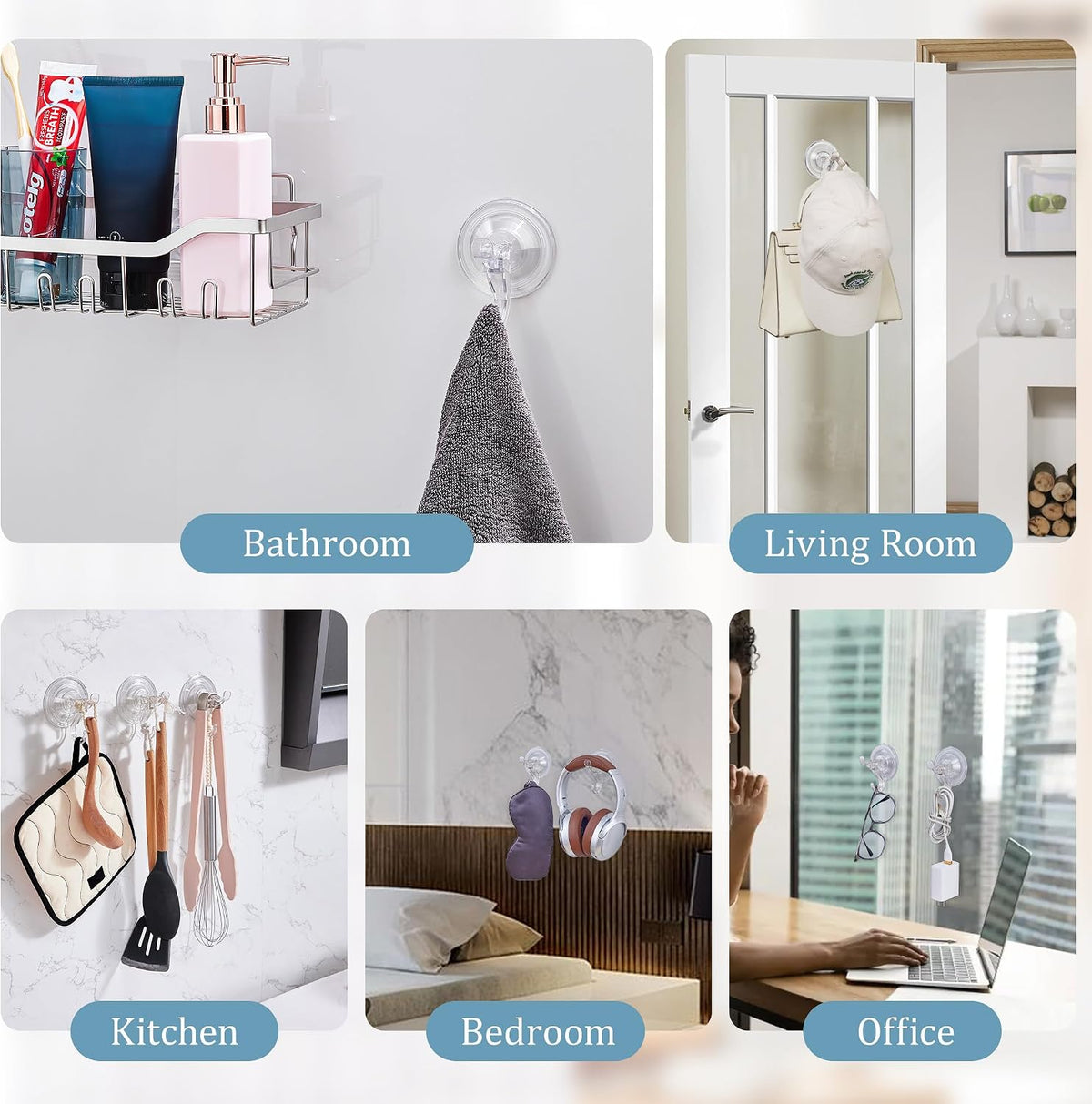 Set of 3 Clear Shower Suction Cup Hooks, Maximum Load Capacity 11 lbs