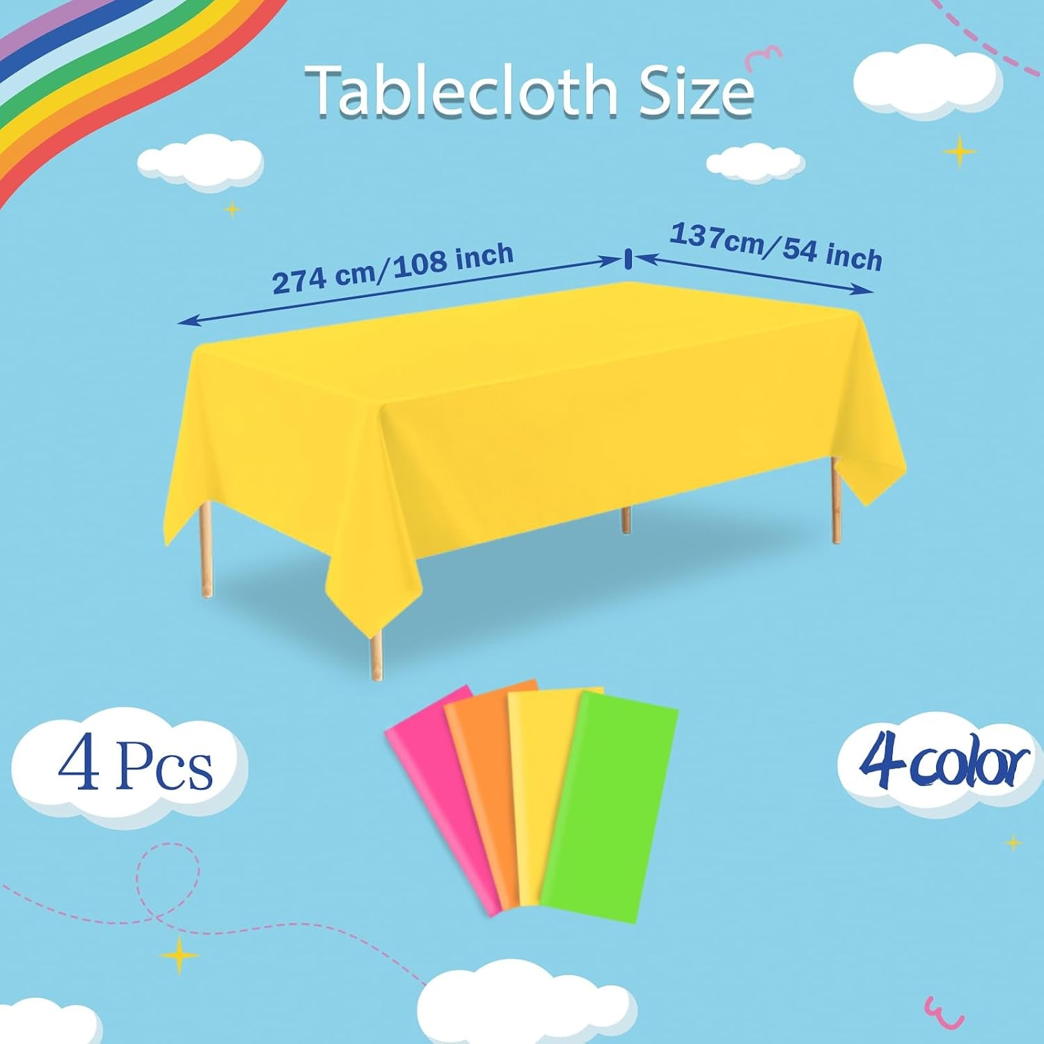4 Pack Neon Color Plastic Table Cloths, 54 X 108 Inch Disposable Rectangular Tropical Colored Tablecloth for Picnic, Neon Birthday Party Decorations