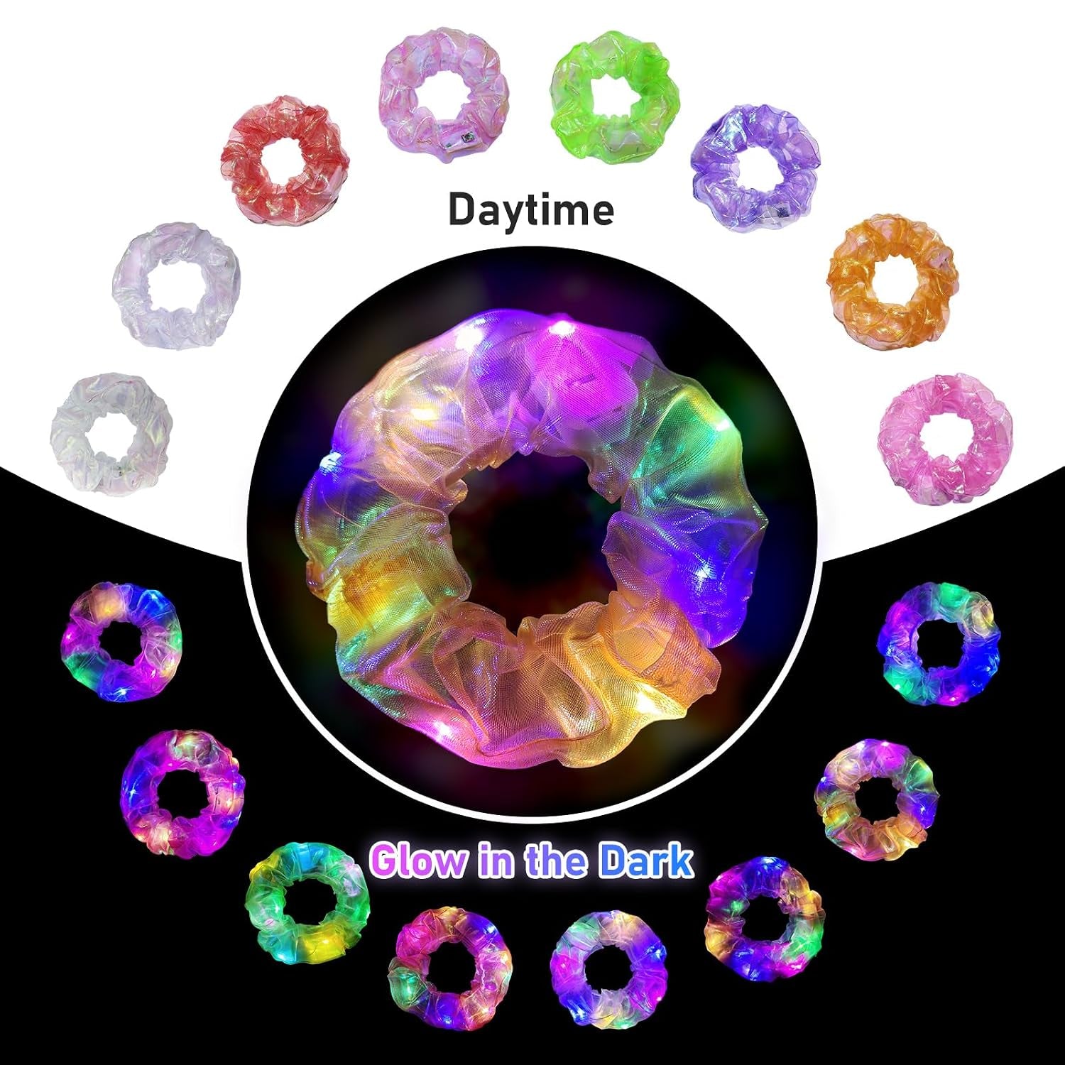 8 Pcs Light up Hair Scrunchies for Girls Women 3 Light Modes, 8 Hour Glow, Glow Party Accessories for Rave Festival