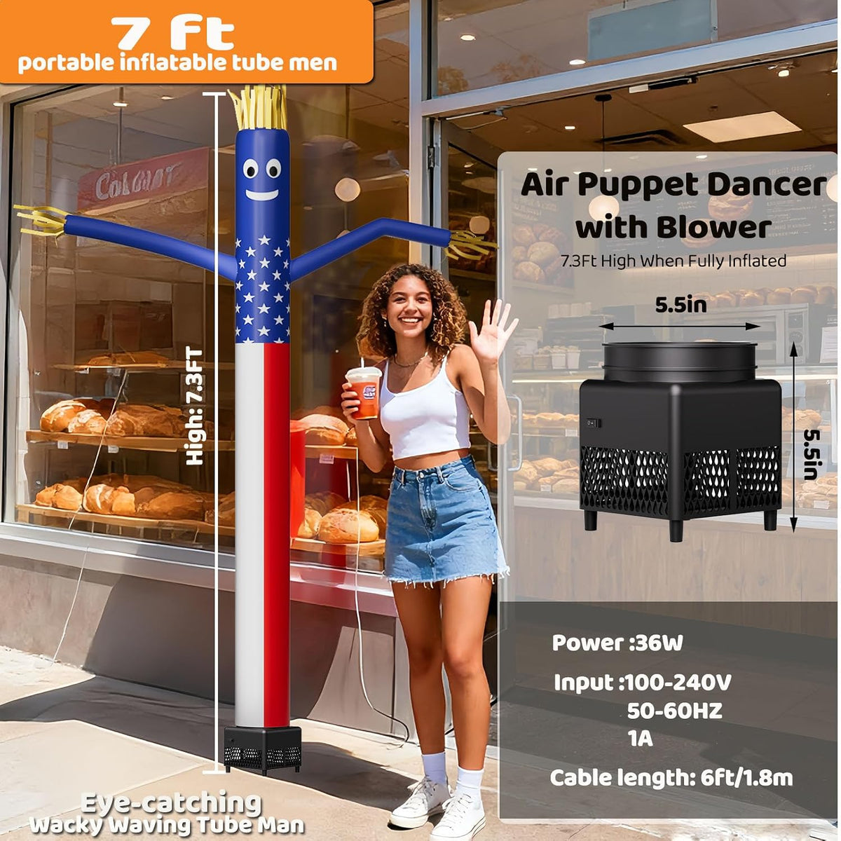7FT Inflatable Tube Man with 1Pc Blower & 2Pc Dancer, Sky Air Waving Puppet Dancer, Blow up Wacky Wavy Inflatable Flappy Arm Guy for Party, Amusement Park,Outdoor Decoration Advertising