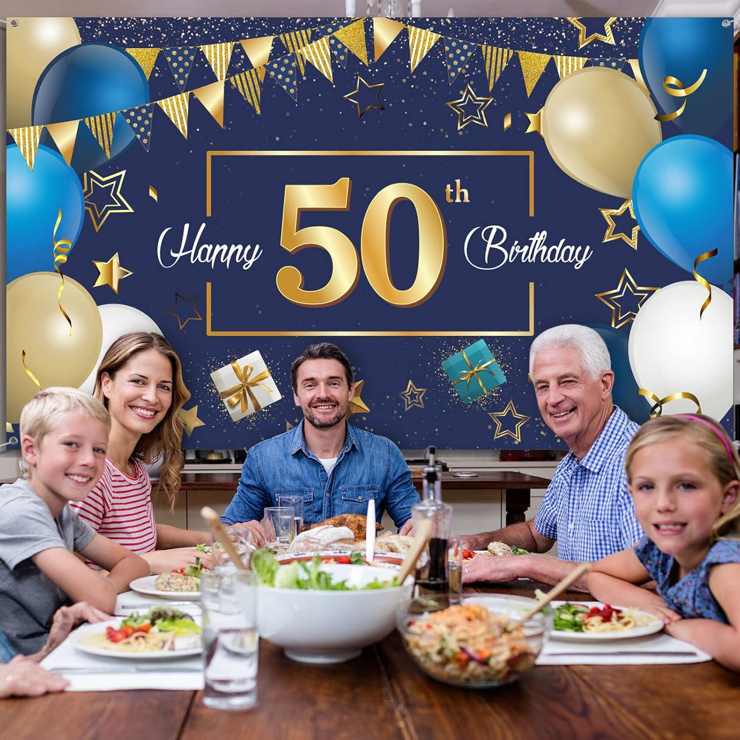 Navy Blue 50Th Happy Birthday Party Decorations Blue and Gold 50 Birthday Photography Backdrop Banner Confetti Balloons Arch Kit for Men Women 50Th Party Decorations Supplies