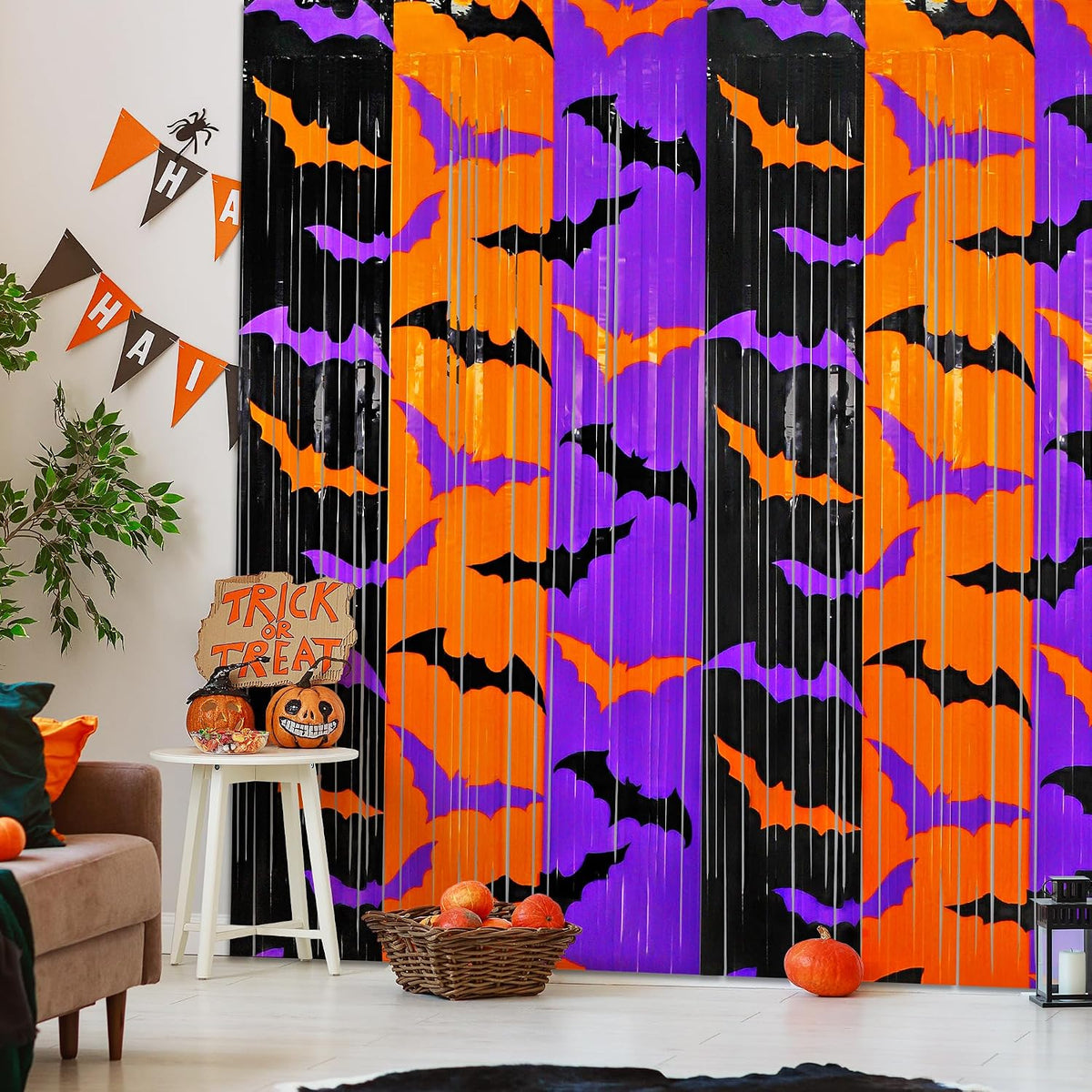 Halloween Party Decorations, 2 Pack Halloween Foil Fringe Curtains 3.3 X 6.6 Ft, Orange Purple Black Bat Pattern Halloween Party Backdrop Photo Booth Props Streamers Halloween Birthday Party Supplies
