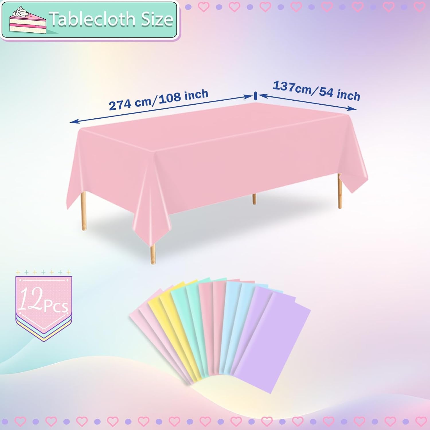 12 Pack Plastic Pastel Tablecloth,54 X 108 Inch Disposable Colorful Mix Rectangle Tablecloth,Ice Cream Table Cloth for Baby Shower,Birthday,Wedding,Spring Easter and Summer Party Decorations