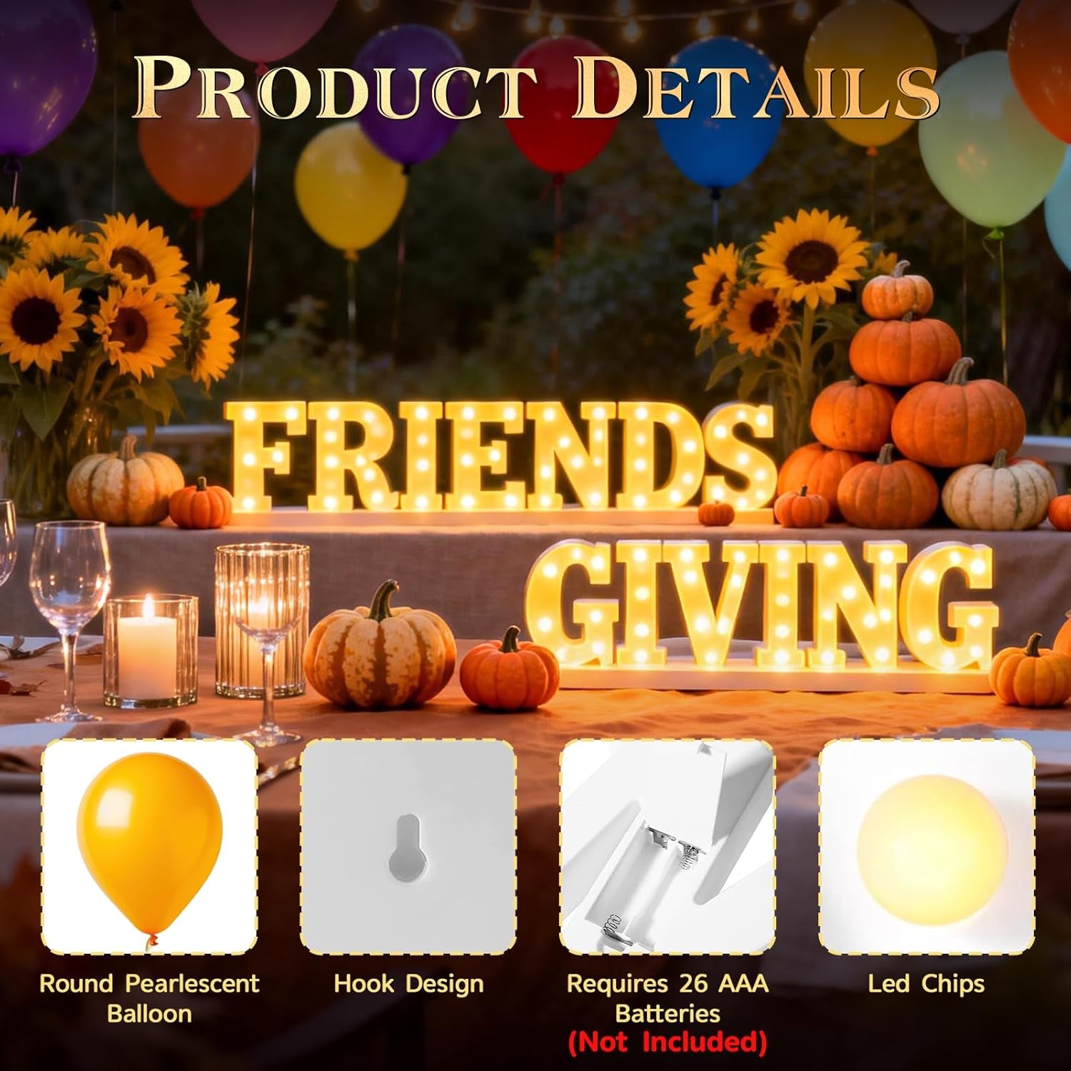 Friends Giving Party Decorations, Light up Letters Sign with 40 round Pearlescent Balloons, Led Marquee Lights Table Decoration for Friends Themed Party Birthday Galentines Decor Thanksgiving