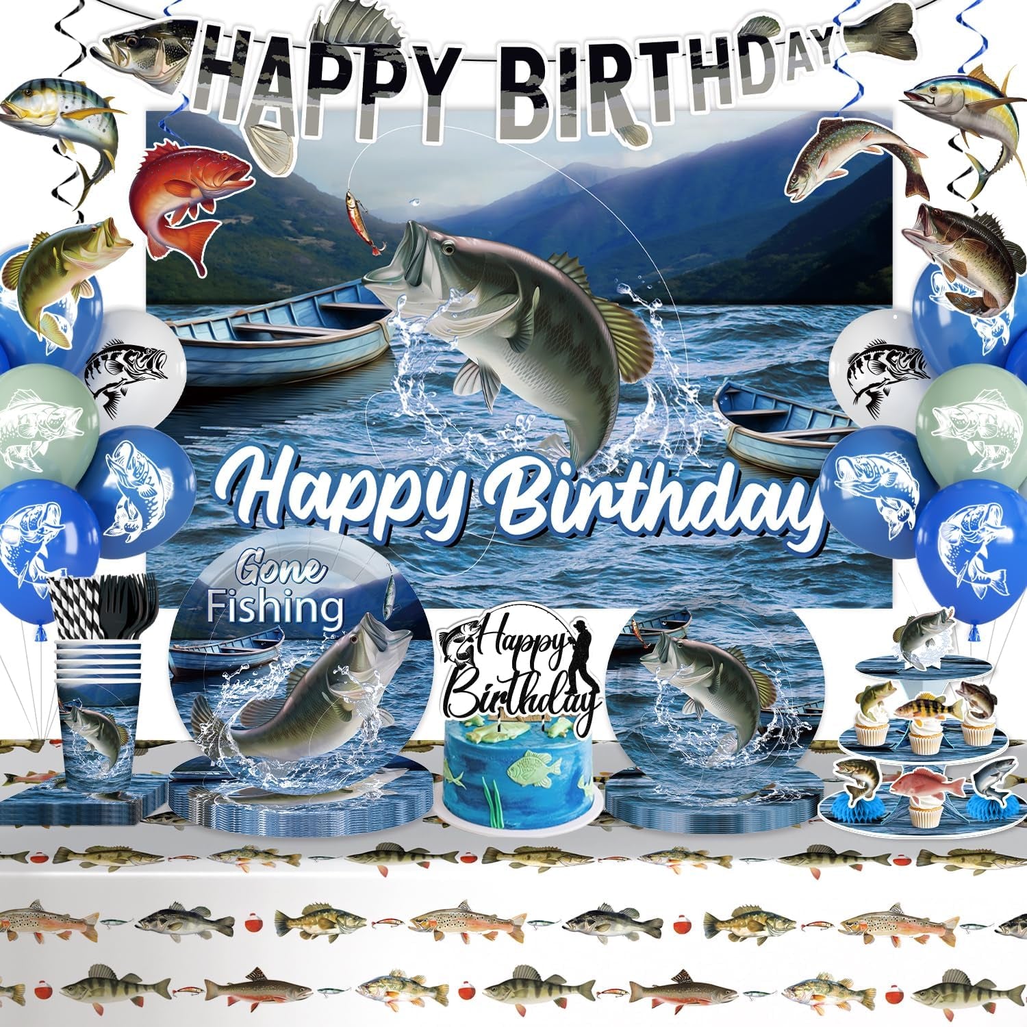 219 Pcs Fishing Birthday Party Decorations Serves 25 Guests, Fish All-In-One Birthday Tableware Set with Plates, Backdrop, Cupcake Stand, Napkins, Banner, Tablecloth, Cake Topper and Centerpieces