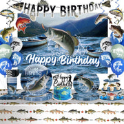 219 Pcs Fishing Birthday Party Decorations Serves 25 Guests, Fish All-In-One Birthday Tableware Set with Plates, Backdrop, Cupcake Stand, Napkins, Banner, Tablecloth, Cake Topper and Centerpieces