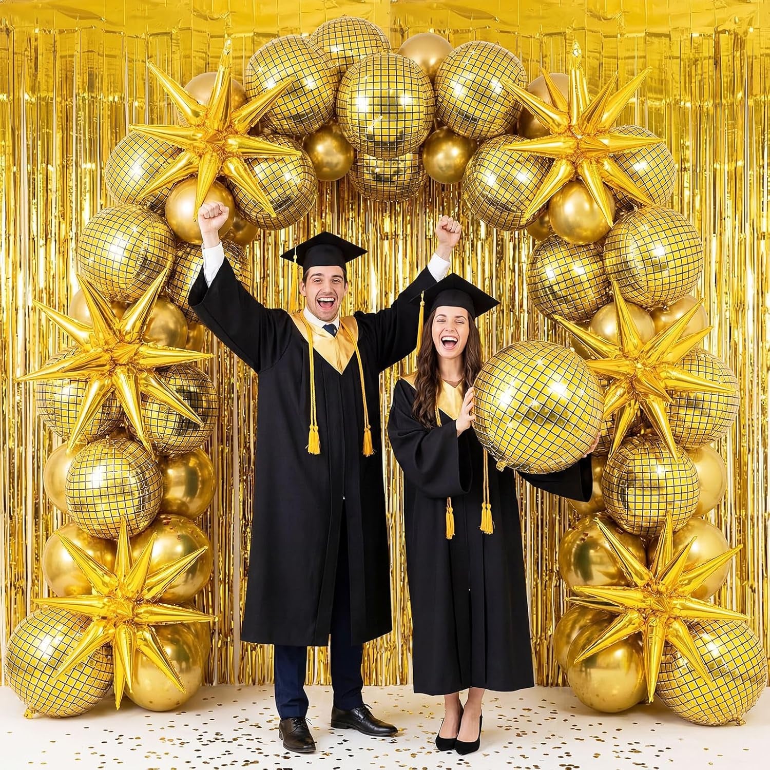 24 Pcs Gold Disco Party Decoration Sets 22'' 4D Ball Star Balloons Bright Metallic Tinsel Foil Fringe Curtains for Graduation Western Cowgirl Bride to Be Bachelorette