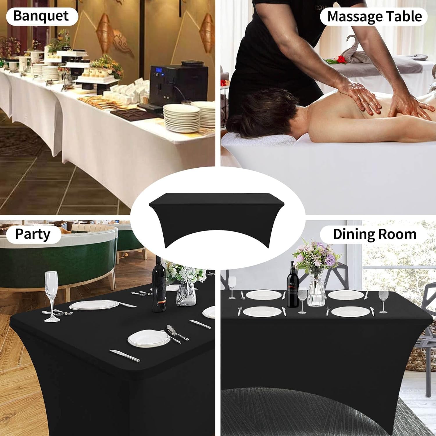 Fitted Rectangle Tablecloth White 8 Feet Table Clothes - Elastic Spandex Massage Bed Table Cover, Stretch Wrinkle Free Linens for Party, Wedding, Birthday, Banquet, Vendor