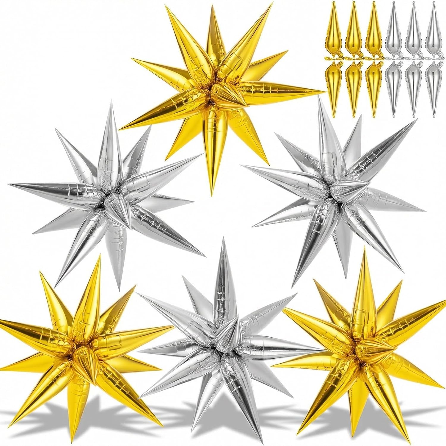 74 PCS Silver Star Balloons, 12 Point Star Foil Mylar Balloons Spike Explosion Cone Balloon for Party Decorations Supplies, Birthday, Wedding, Baby Shower, Graduation Balloon 2025