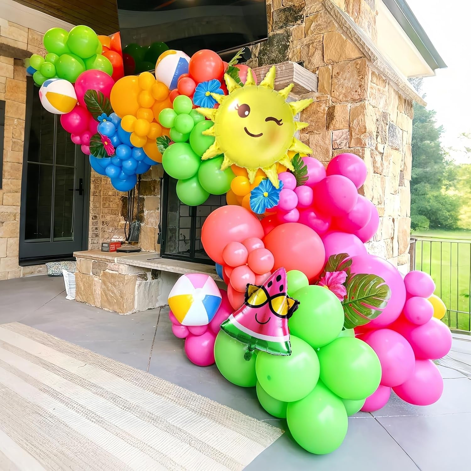 134Pcs Tropical Summer Beach Pool Party Balloon Garland Arch Kit,With Inflatable Beach Balls,Watermelon,Sun Foil Balloons for Hawaiian Luau Birthday Graduation Party Decorations - Hot Pink Yellow Blue