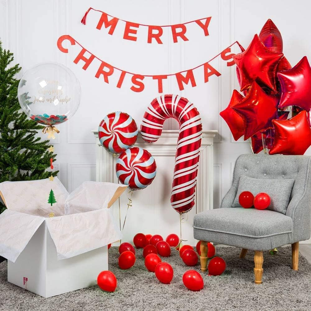 Christmas Balloon Garland Arch Kit - Includes Red and White Candy Balloons, Gift Box Balloons, and Red Star Balloons for Holiday Party Decorations