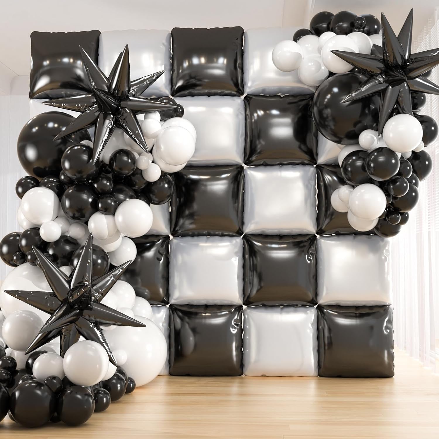 25Pcs Black and White Double Sided Foil Square Balloon Backdrop Wall with 139Pcs White Black Star Balloons Arch Balloon Tunnel for Checkered Racing Car Birthday New Year Party Decoration