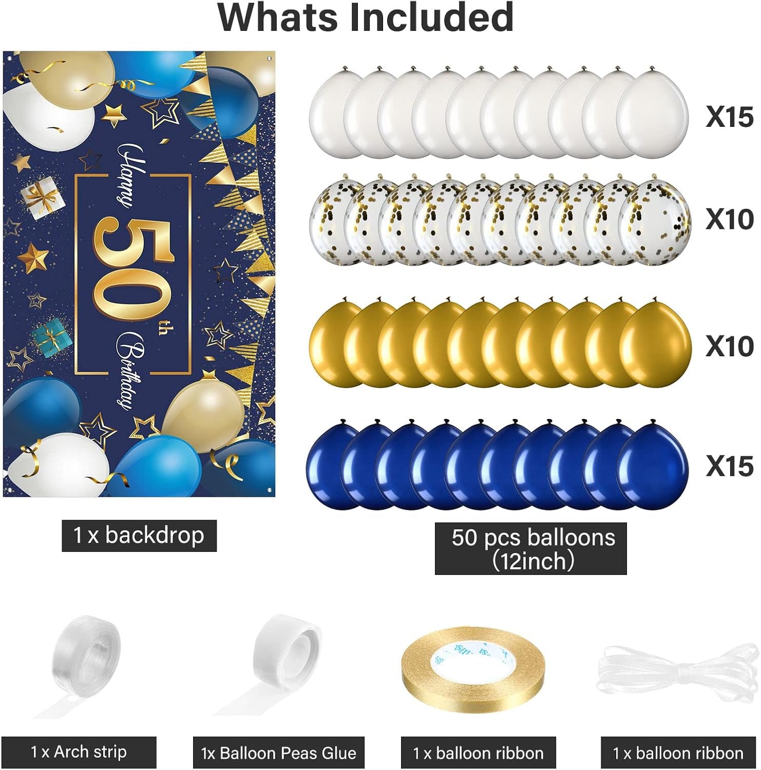 Navy Blue 50Th Happy Birthday Party Decorations Blue and Gold 50 Birthday Photography Backdrop Banner Confetti Balloons Arch Kit for Men Women 50Th Party Decorations Supplies