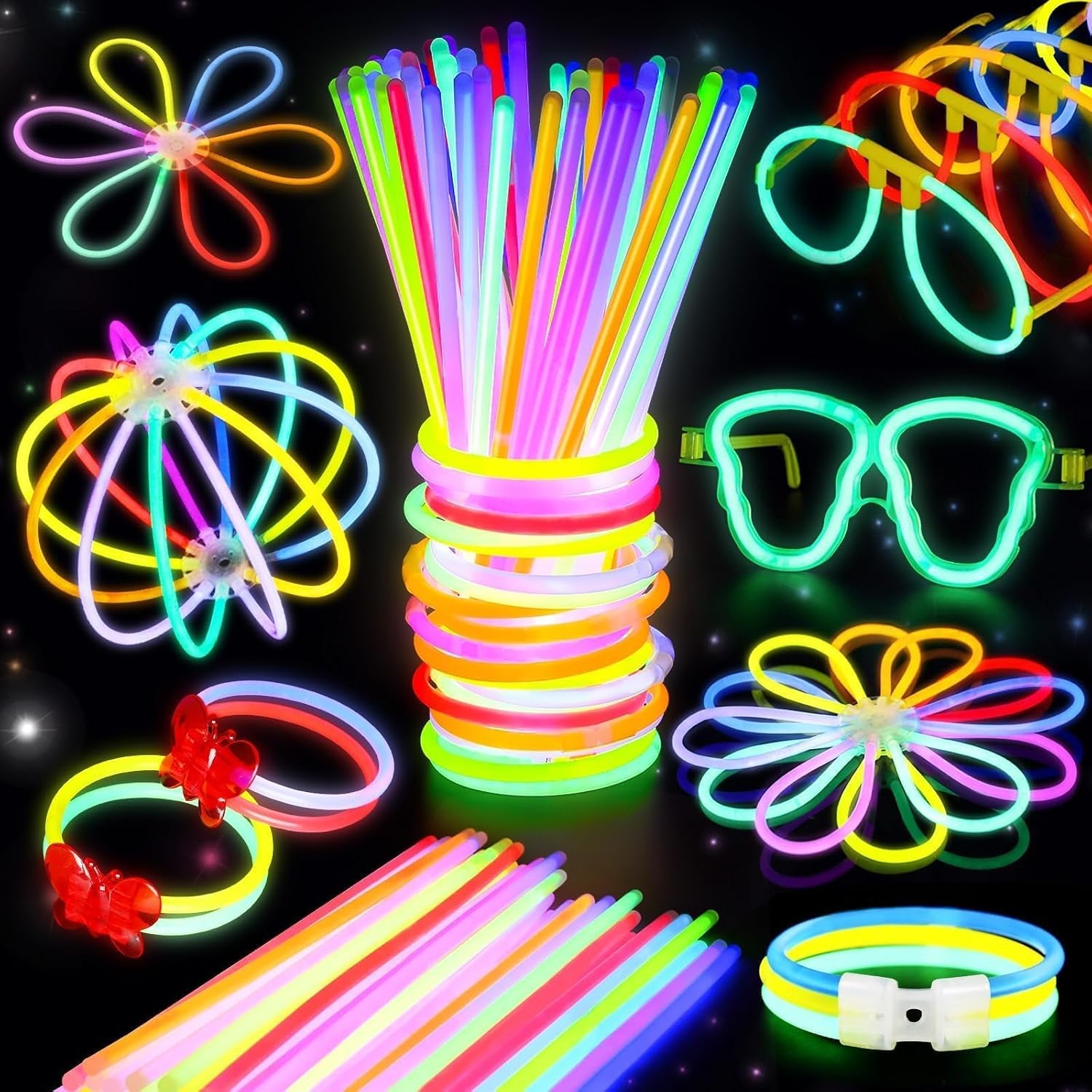 467Pcs Glow Sticks Party Favors for Kids Adults Glow in the Dark Party Supplies 4Th of July Accessories Neon Decors 200 Glowsticks Bulk 8 Colors 8 Inch & 267 Connectors Necklace Bracelet Glasses