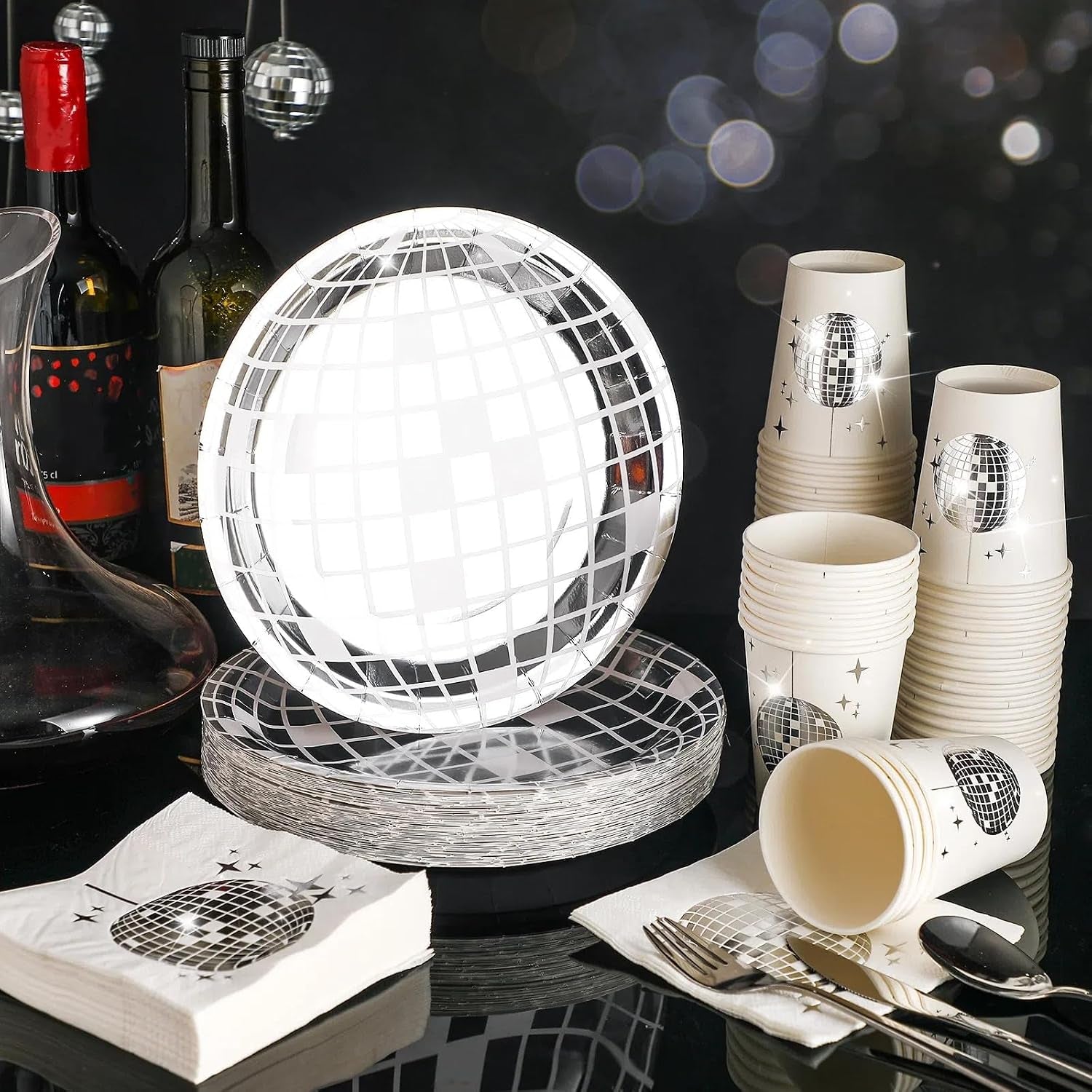 150 Pcs Disco Party Plates Cups and Napkins Silver Disco Ball Theme Party Decorations 70S Hip Hop Disposable Dessert Tableware Set Serves for 50 Guests Birthday Baby Shower Supplies