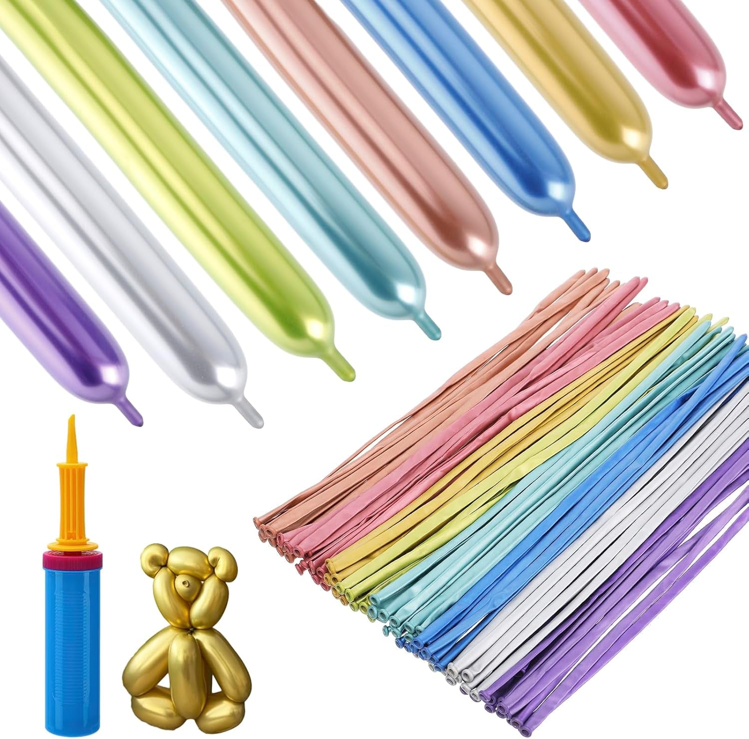 100 Pcs Premium Latex 260 Balloons Kit with Pump for Kids Party | Twisting Long Balloons to Make Animals Flowers, Fun Rainbow Balloons for Party Boys Girls Birthday Gifts Clowns Wedding Decor