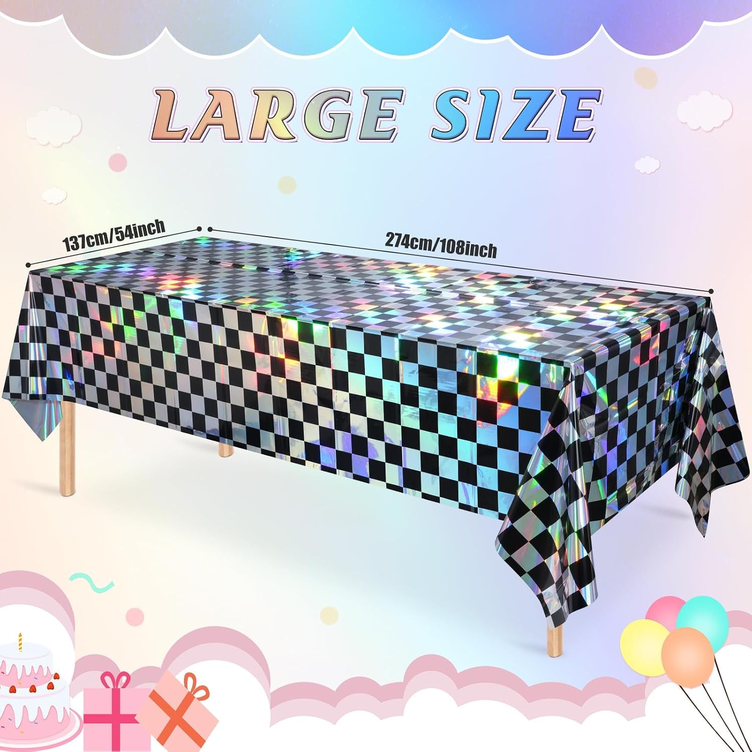 1Pack Black and Iridescent Checkered Plastic Tablecloth, Shiny Disposable Laser Rectangle Table Covers, Holographic Foil Tablecloth Iridescent Party Decorations for Picnic Camping Race Car, 54X108Inch