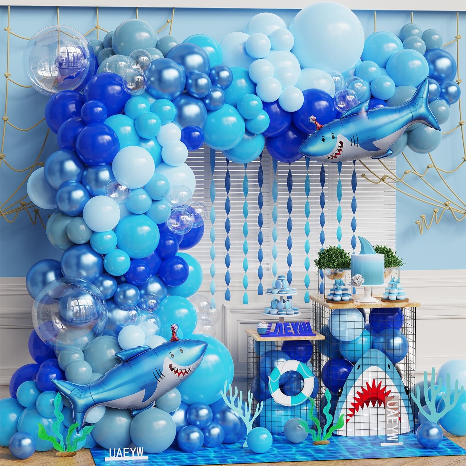 Shark Balloon Arch Kit for Ocean under the Sea Birthday Party Decorations 153Pcs Blue Balloon Garland Kit with Shark Foil Balloons for Kids Boys Shark Week Ocean Animals Theme Baby Shower Supplies