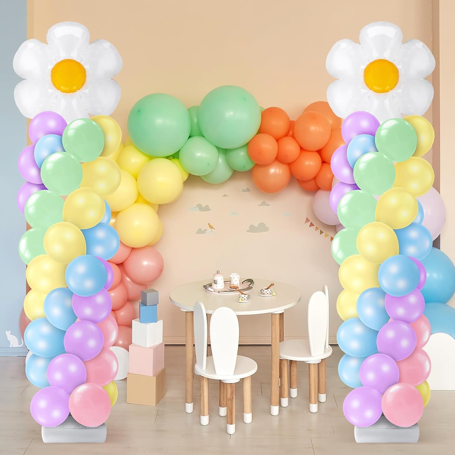 2 Sets Daisy Pastel Party Balloon Column Stand Kit, Adjustable Groovy Balloon Arch Stand Kit for Macaron Boho Summer Daisy Floral Theme Easter Party Decoration