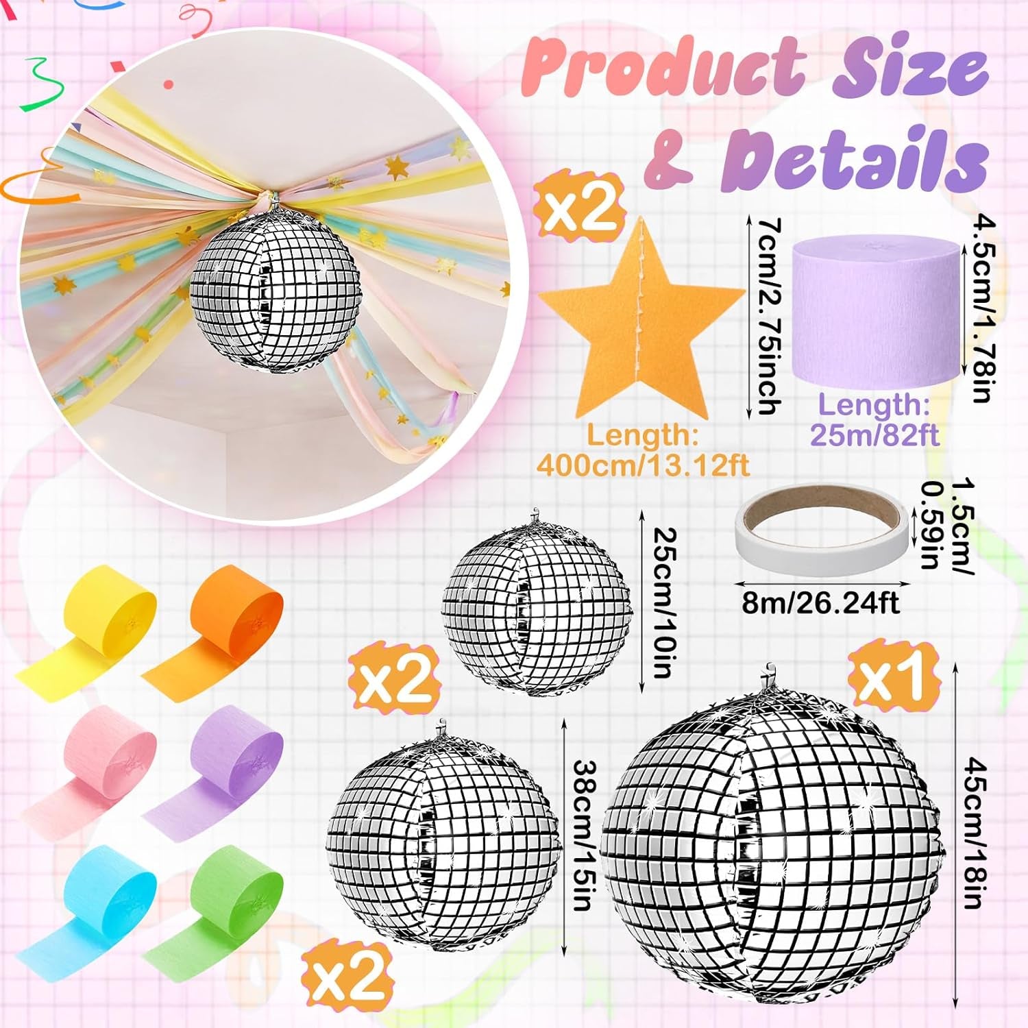 14 Pcs Pastel Birthday Party Decoration Kit 492Ft Colorful Crepe Paper Streamers Garland 5 Silver Disco Ball Balloons 26.24Ft Gold Star Garland Backdrop 1 Tape for Classroom Fancy Party Decor