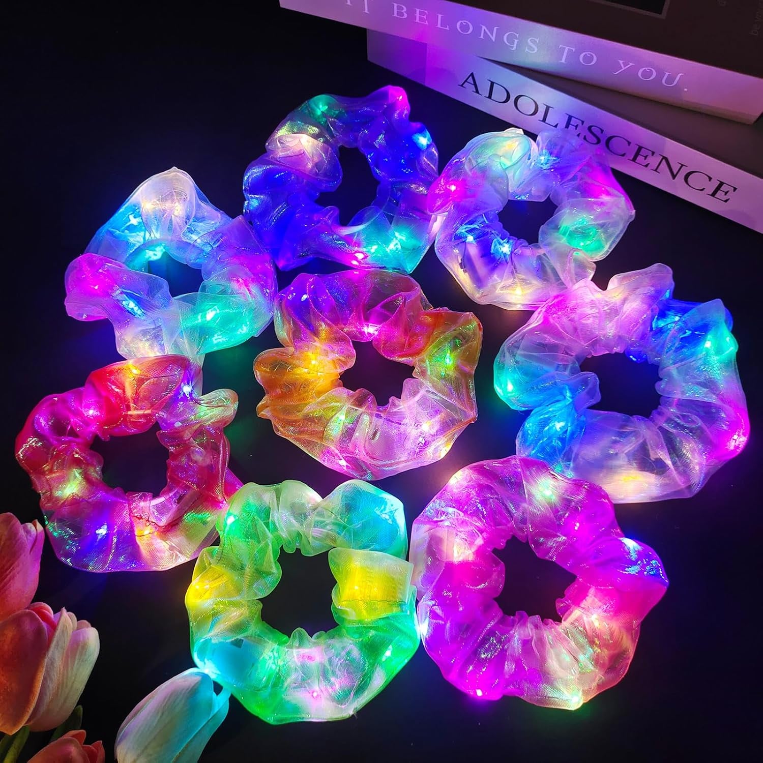 8 Pcs Light up Hair Scrunchies for Girls Women 3 Light Modes, 8 Hour Glow, Glow Party Accessories for Rave Festival