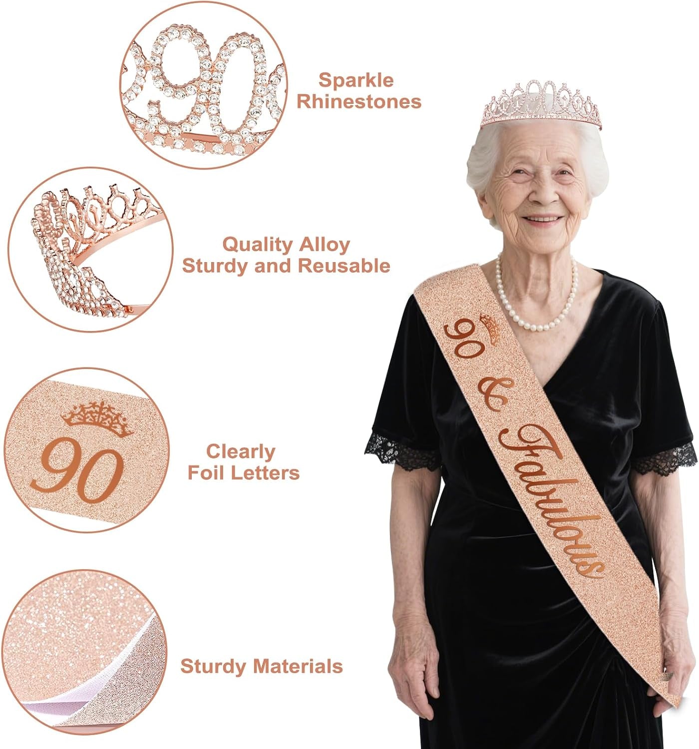 90Th Birthday Decorations for Women, 49Pcs Black Rose Gold Black Happy 90Th Birthday Banner, Tablecloth, Butterfly Decor, Sash and Tiara, Cake Topper, Candles, Balloons Arch