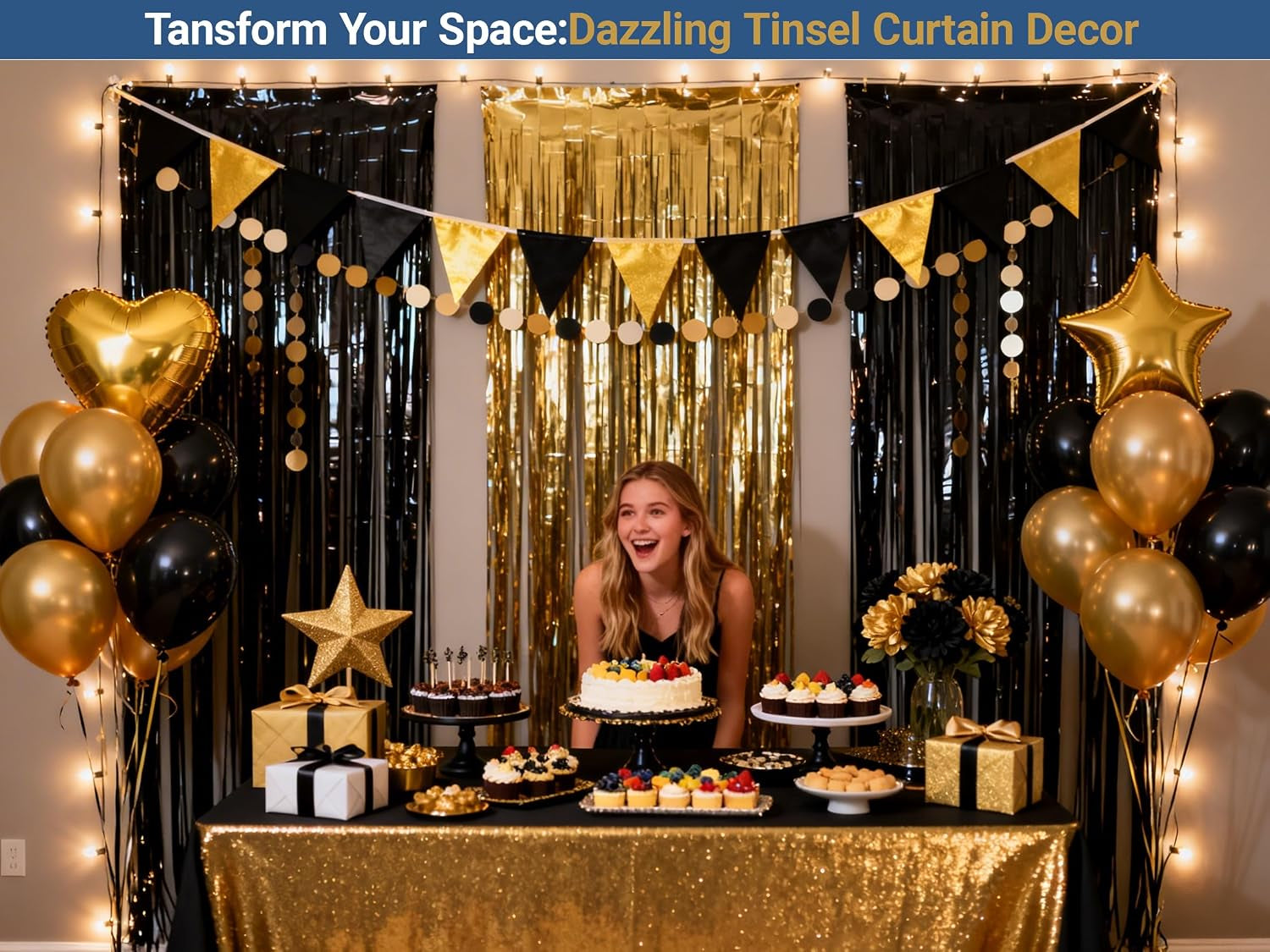 3-Pack Black Gold Foil Fringe Curtain,Party Decoration Streamer | 9.9*6.5Ft Party Backdrop,Birthday Tinsel,Happy Retirement Back Drop,Graduation ,Farewell,Summer Back to School