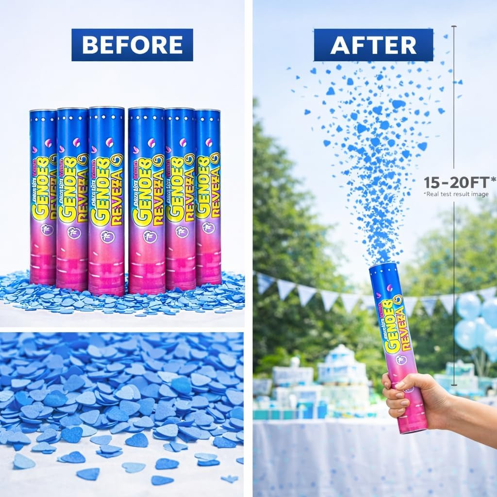 Gender Reveal Confetti Cannons Party Poppers – Gender Reveal Cannon Kit with Heart-Shaped Confetti – Easy Twist Shooters for Baby Reveal Party Decorations (Blue Confetti Cannoons)