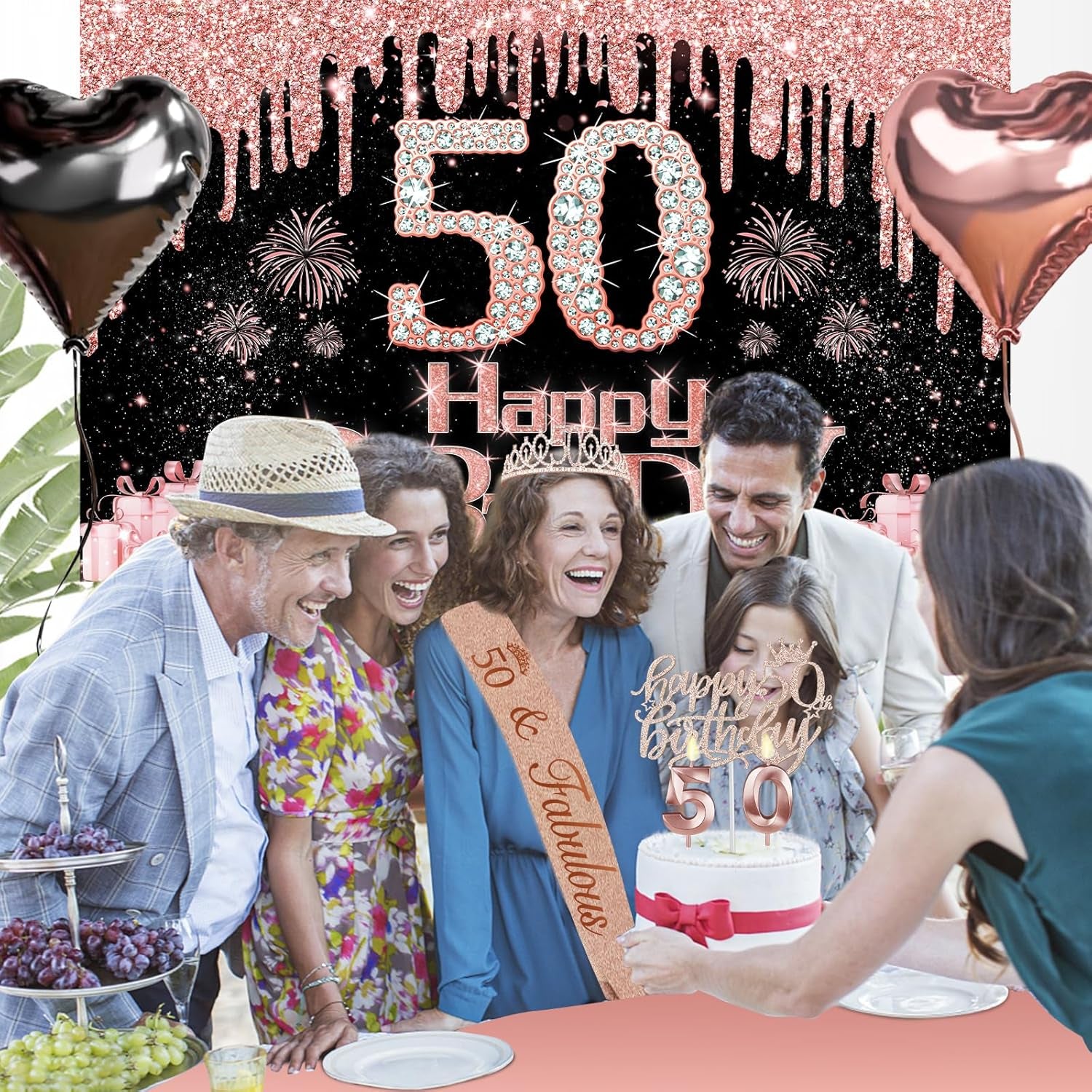 50Th Birthday Decorations for Women, 49Pcs Black Rose Gold Black Happy 50Th Birthday Banner, Tablecloth, Butterfly Decor, Sash and Tiara, Cake Topper, Candles, Balloons Arch