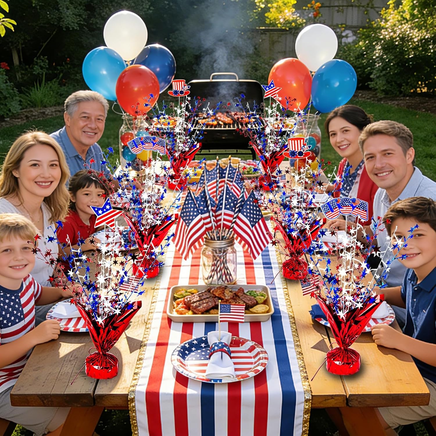6 Pcs 4Th of July Table Decoration Red White and Blue Table Centerpiece Metallic Foil Spray Star Burst Patriotic 250Th Anniversary Independence Memorial Labor Veteran Day Tabletop Party Decor