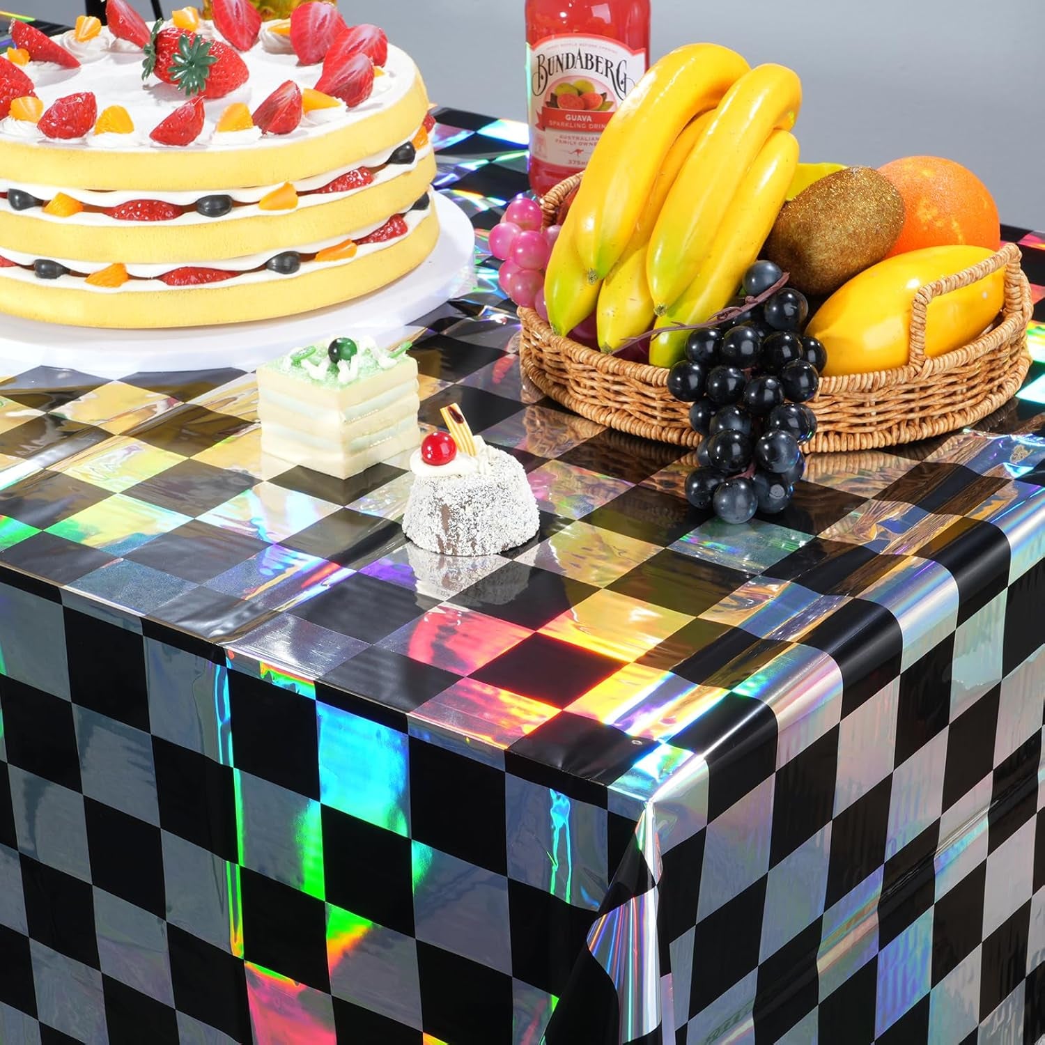 1Pack Black and Iridescent Checkered Plastic Tablecloth, Shiny Disposable Laser Rectangle Table Covers, Holographic Foil Tablecloth Iridescent Party Decorations for Picnic Camping Race Car, 54X108Inch