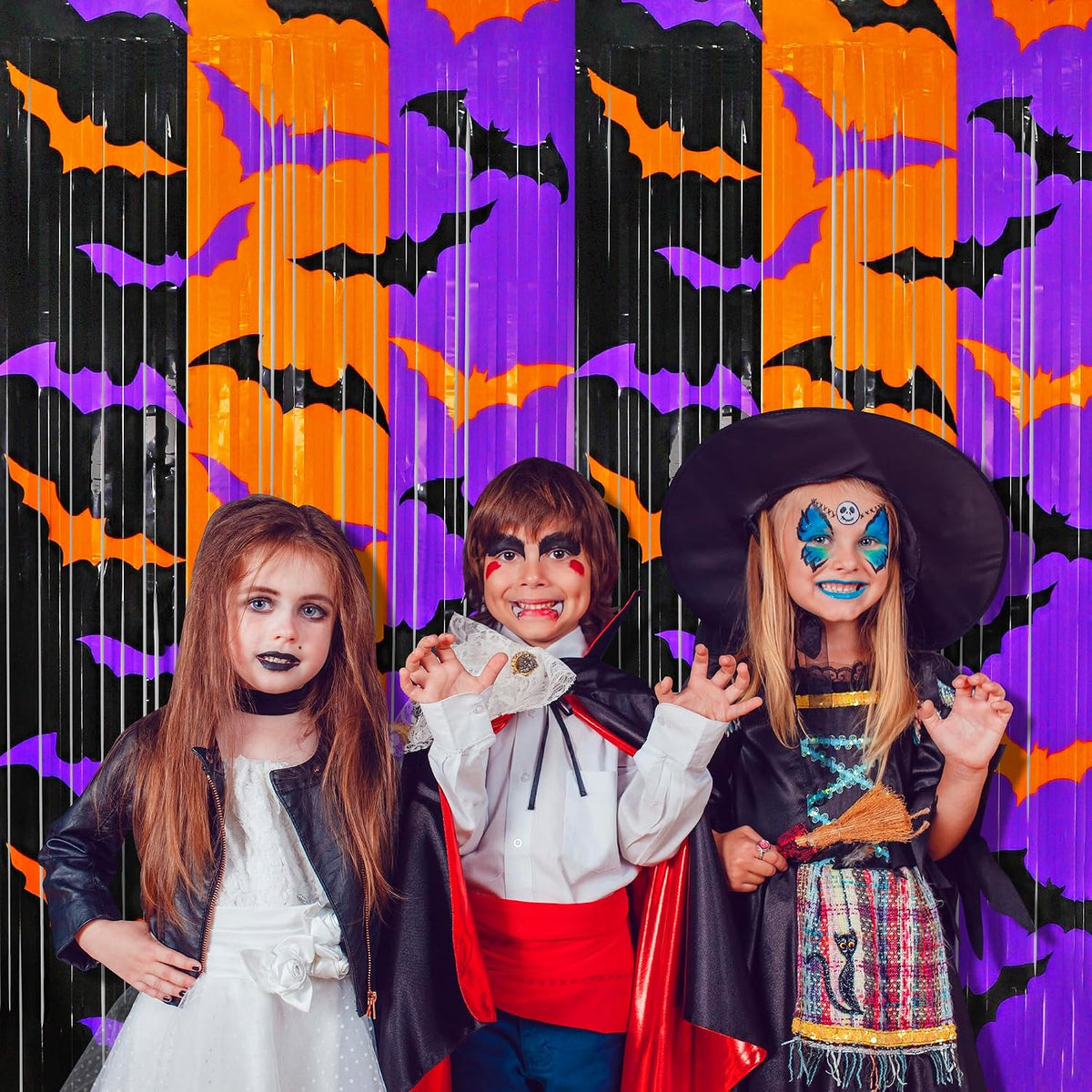 Halloween Party Decorations, 2 Pack Halloween Foil Fringe Curtains 3.3 X 6.6 Ft, Orange Purple Black Bat Pattern Halloween Party Backdrop Photo Booth Props Streamers Halloween Birthday Party Supplies