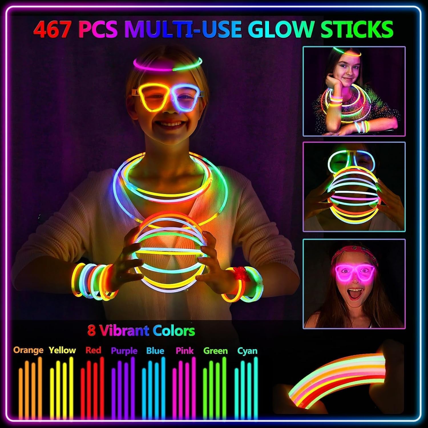 467Pcs Glow Sticks Party Favors for Kids Adults Glow in the Dark Party Supplies 4Th of July Accessories Neon Decors 200 Glowsticks Bulk 8 Colors 8 Inch & 267 Connectors Necklace Bracelet Glasses