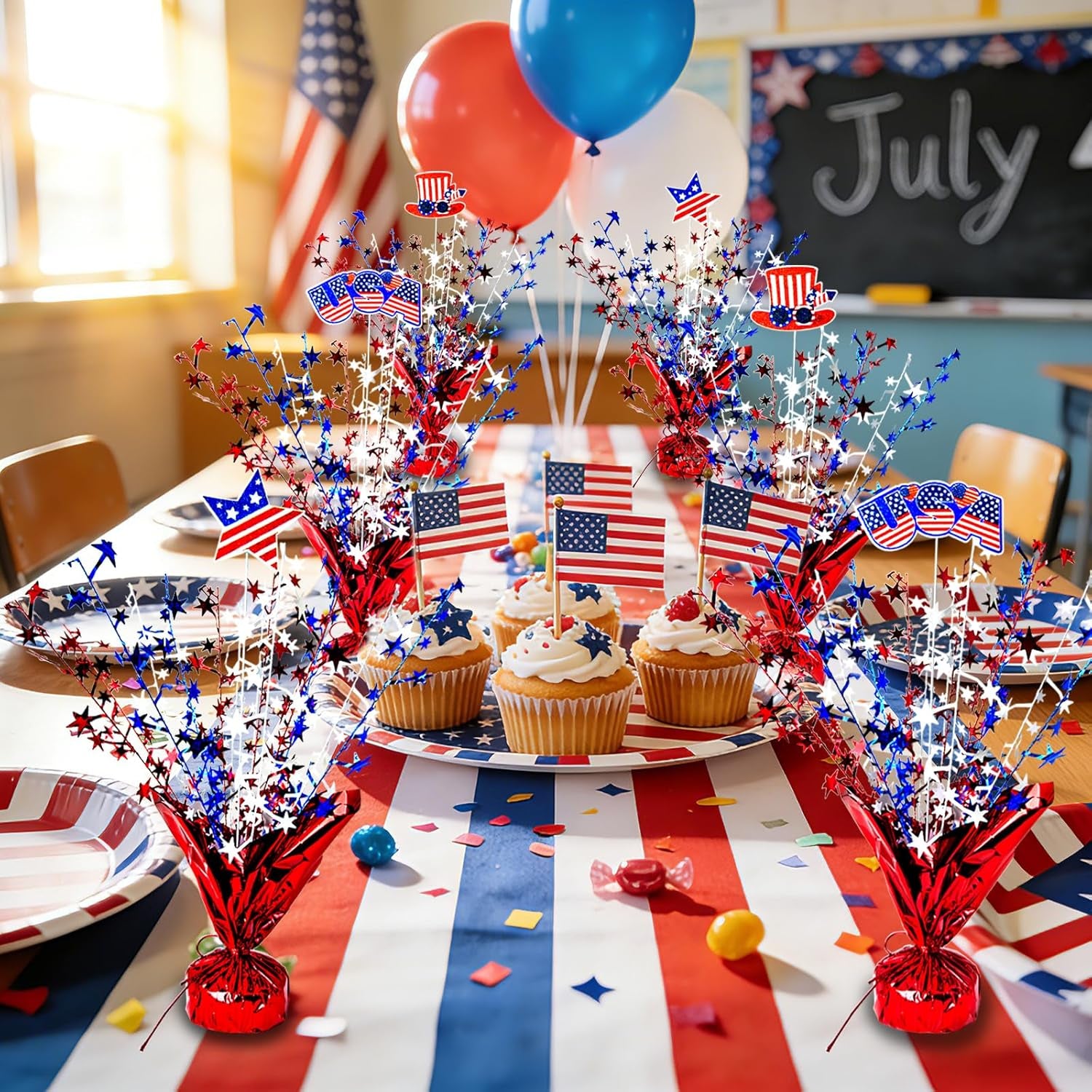 6 Pcs 4Th of July Table Decoration Red White and Blue Table Centerpiece Metallic Foil Spray Star Burst Patriotic 250Th Anniversary Independence Memorial Labor Veteran Day Tabletop Party Decor