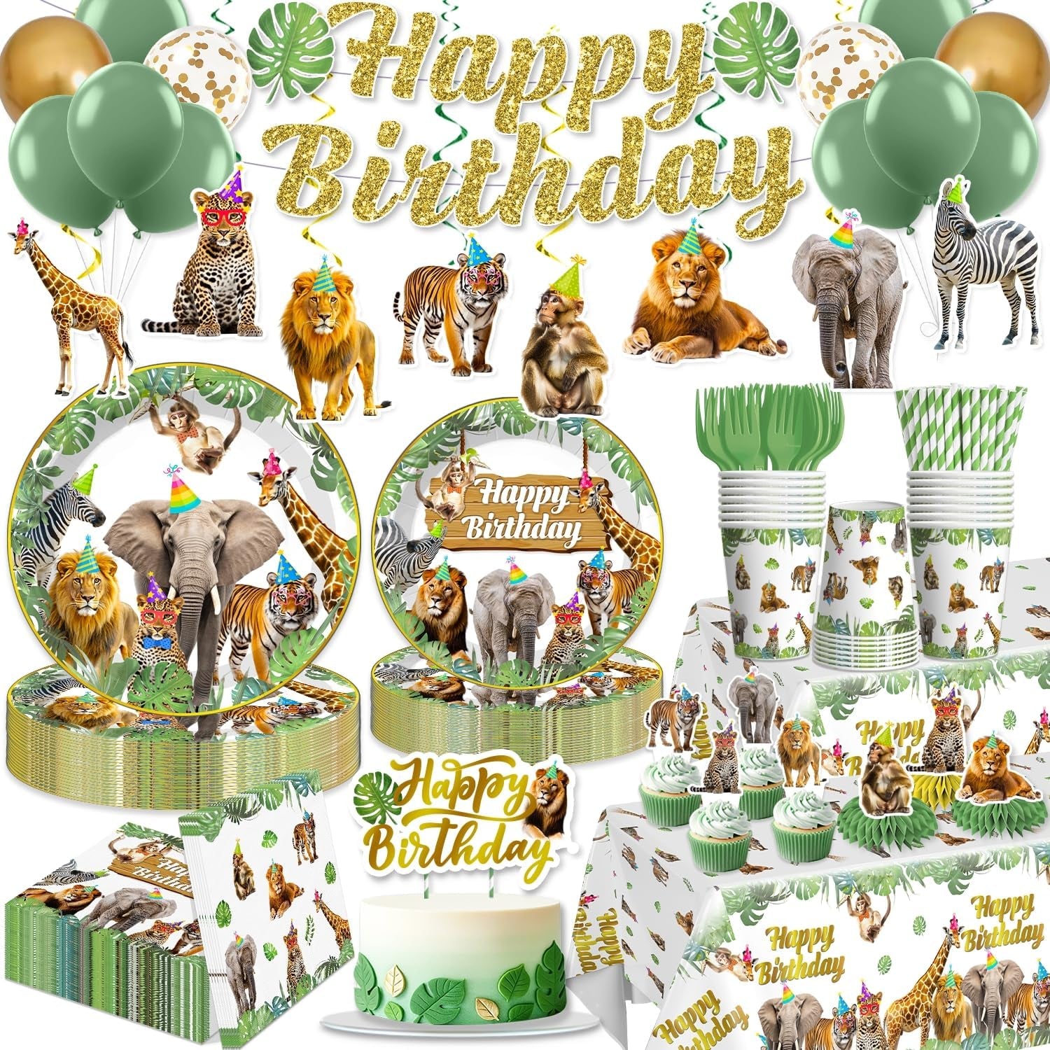 201Pcs Safari Birthday Decorations Tableware Set, 25 Serves Safari Plates and Napkins for Party with 2Pcs Tablecloth, Banner, Balloons for Jungle Birthday Party Decorations