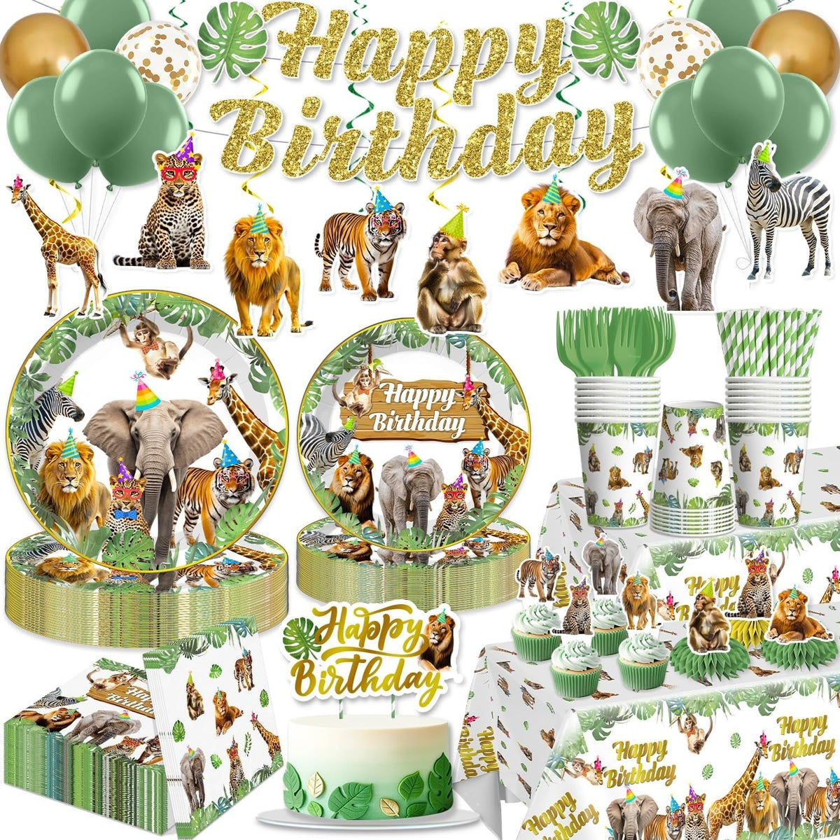 201Pcs Safari Birthday Decorations Tableware Set, 25 Serves Safari Plates and Napkins for Party with 2Pcs Tablecloth, Banner, Balloons for Jungle Birthday Party Decorations