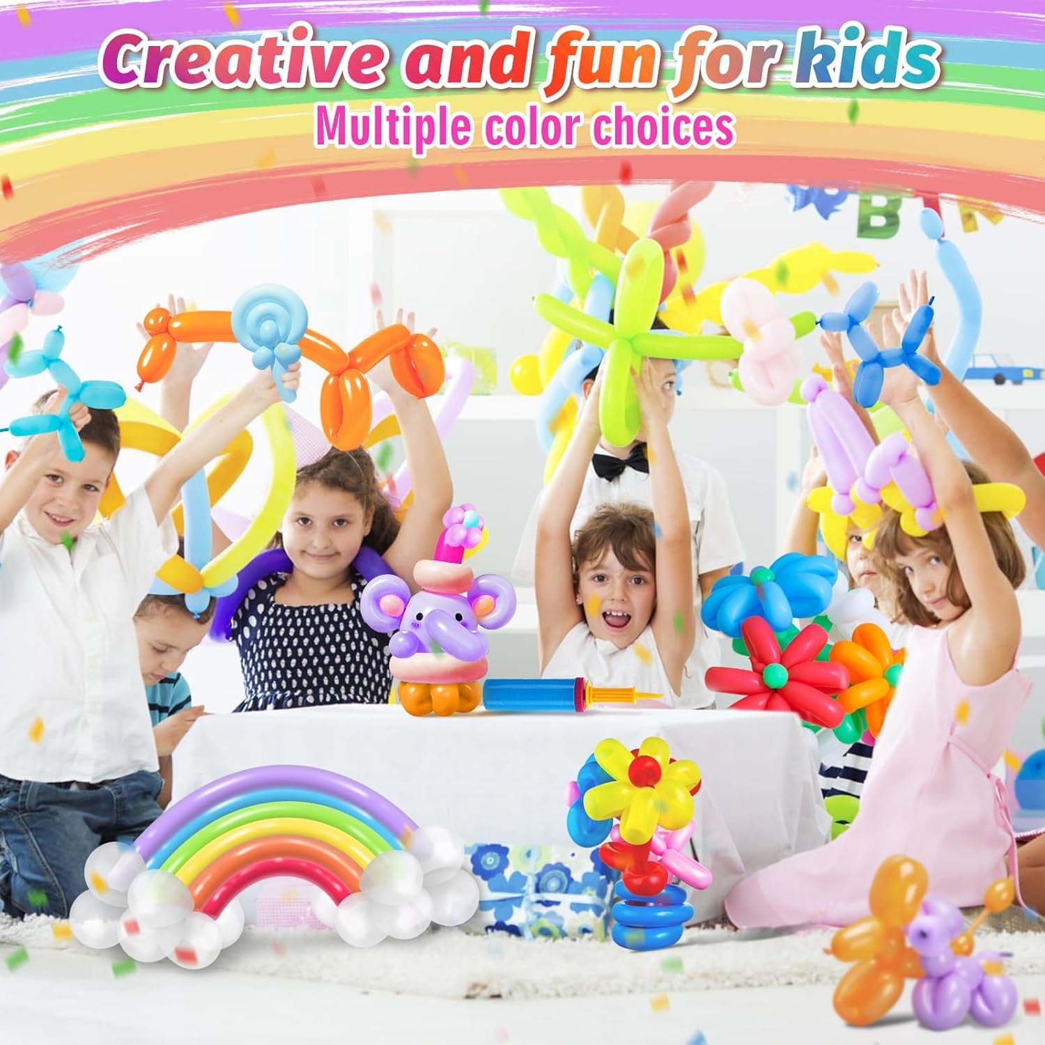 100 Pcs Premium Latex 260 Balloons Kit with Pump for Kids Party | Twisting Long Balloons to Make Animals Flowers, Fun Rainbow Balloons for Party Boys Girls Birthday Gifts Clowns Wedding Decor
