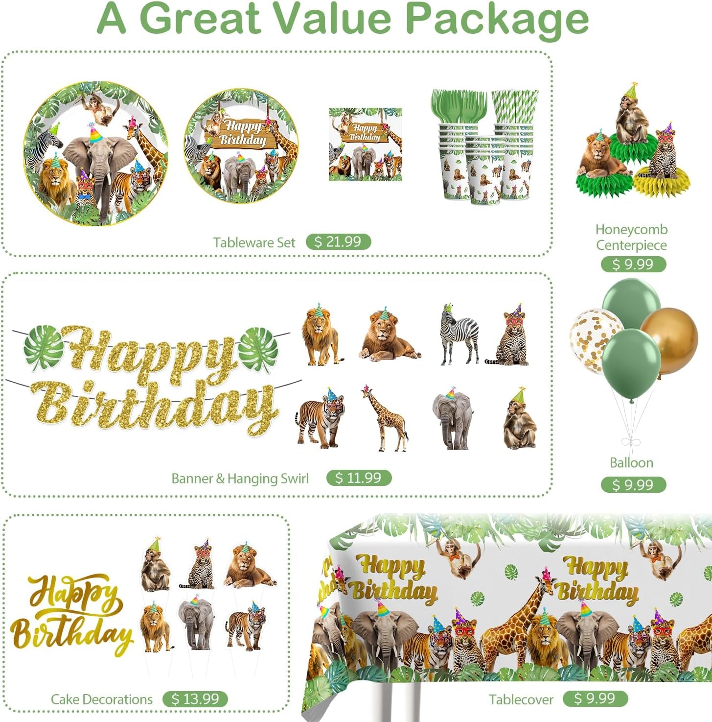 201Pcs Safari Birthday Decorations Tableware Set, 25 Serves Safari Plates and Napkins for Party with 2Pcs Tablecloth, Banner, Balloons for Jungle Birthday Party Decorations