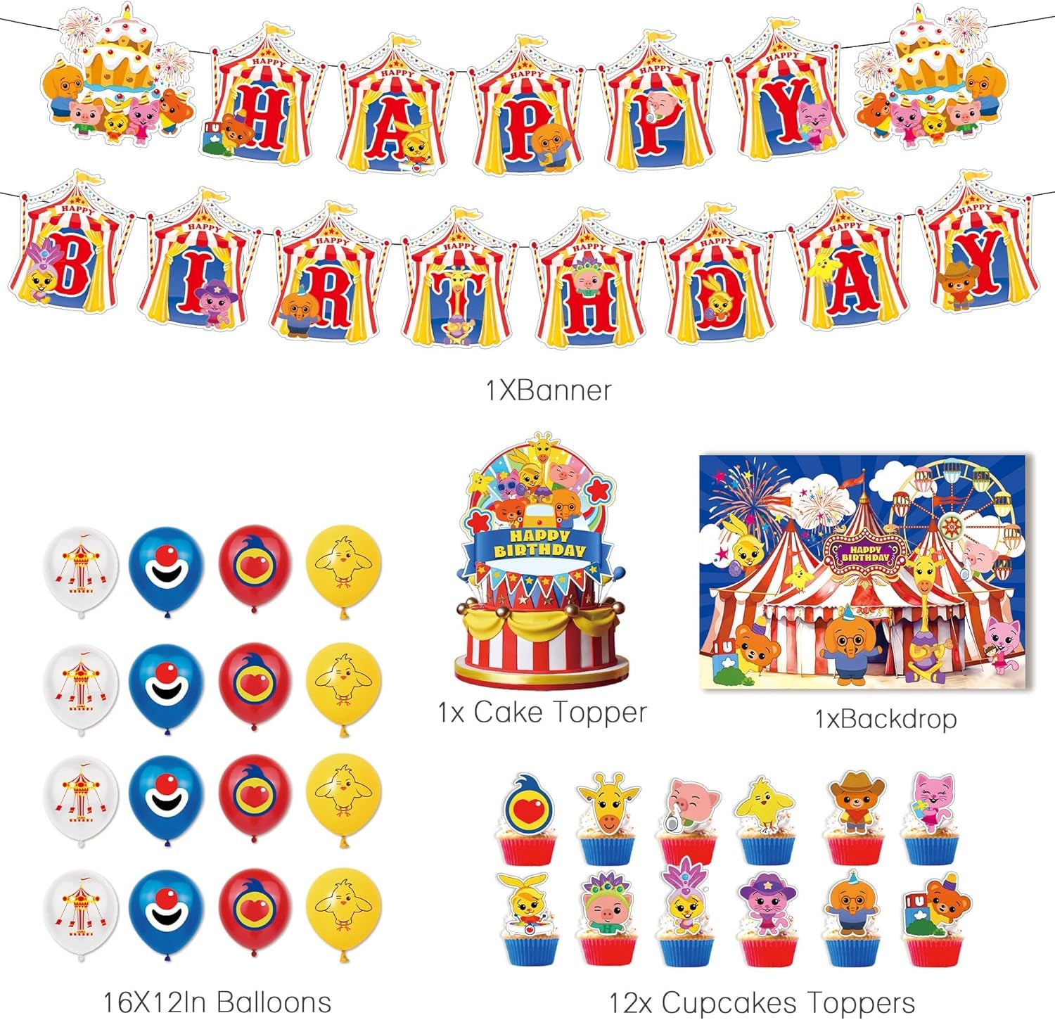 Circus Theme Birthday Party Decorations, Cartoon Carnival Animal Party Supplies with Happy Birthday Banner, Backdrop, Balloons, Cake & Cupcake Toppers for Carnival Themed Kids Birthday Party Decor