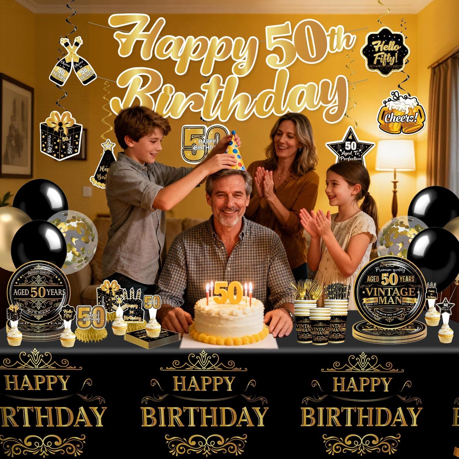 50Th Birthday Decorations for Men 206PCS Black and Gold All-In-One 50Th Birthday Party Supplies with Plates, Napkins, Banner, Tablecloth, Cake Topper & Centerpieces, Service 25 Guests