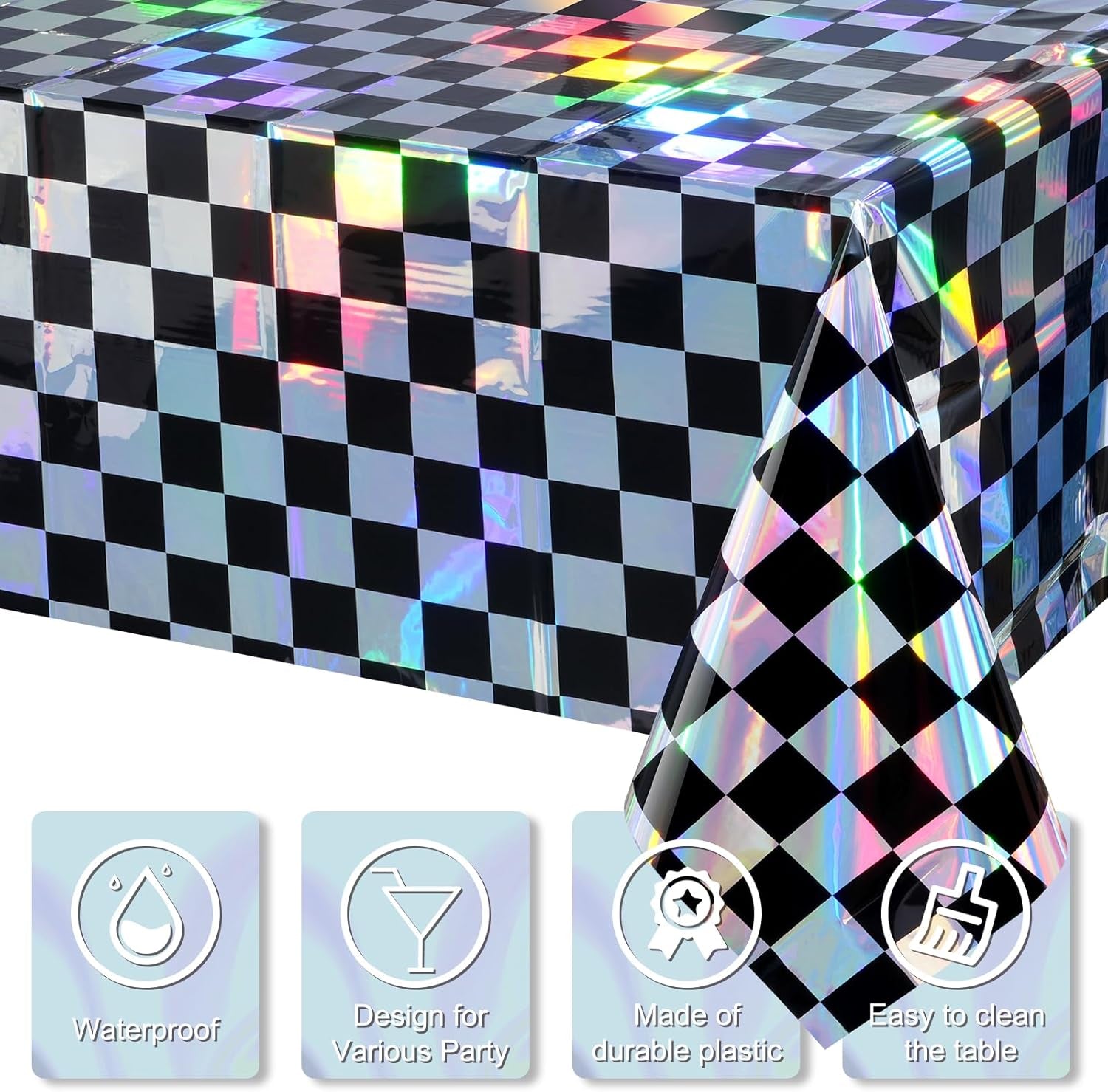 1Pack Black and Iridescent Checkered Plastic Tablecloth, Shiny Disposable Laser Rectangle Table Covers, Holographic Foil Tablecloth Iridescent Party Decorations for Picnic Camping Race Car, 54X108Inch