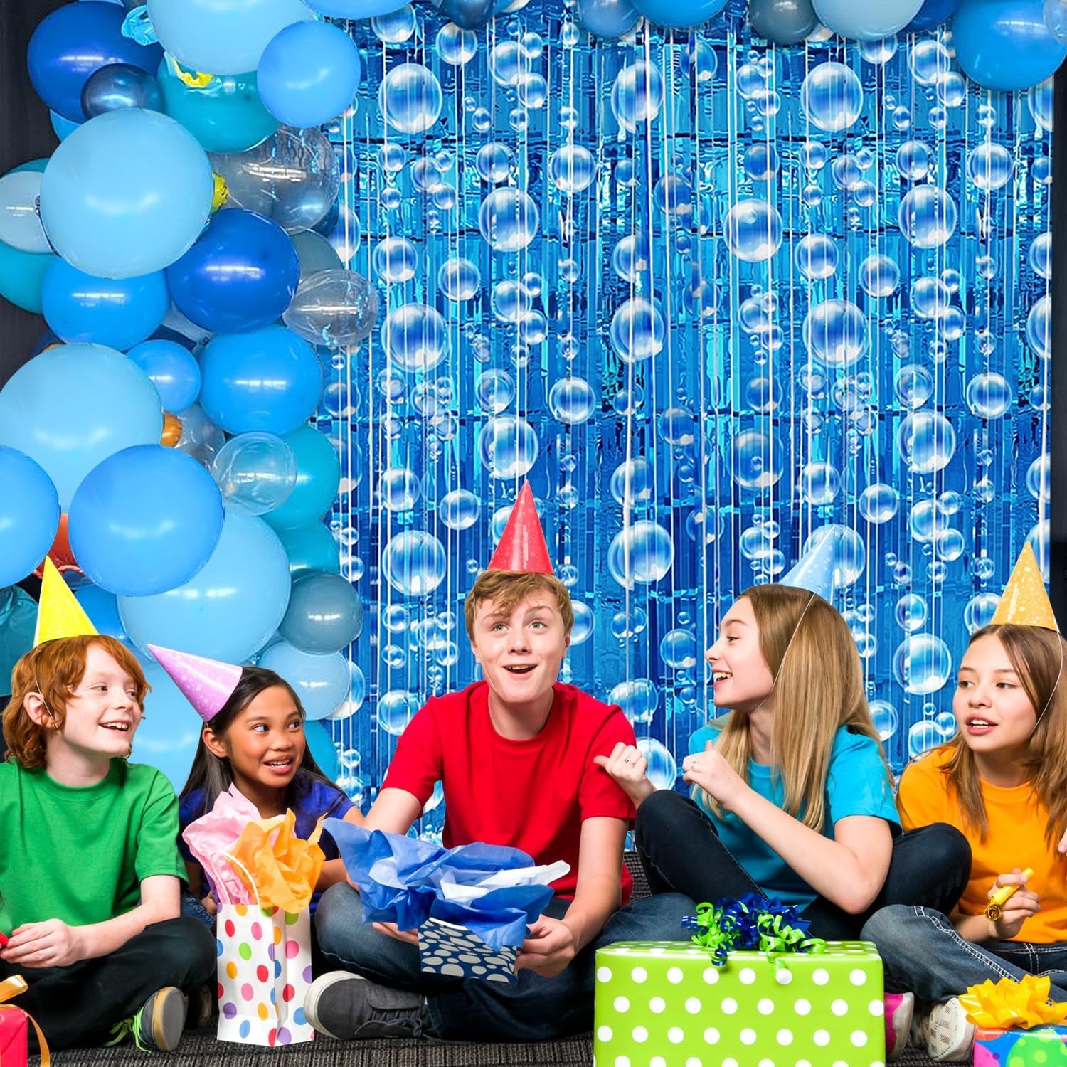 Under the Sea Party Decorations Ocean Balloon Garland Arch Kit, 135 PCS Blue Bubble Foil Fringe Curtains Backdrop Tinsel Streamer Photo Booth Props Mermaid Beach Themed Birthday Party Decor Supplies