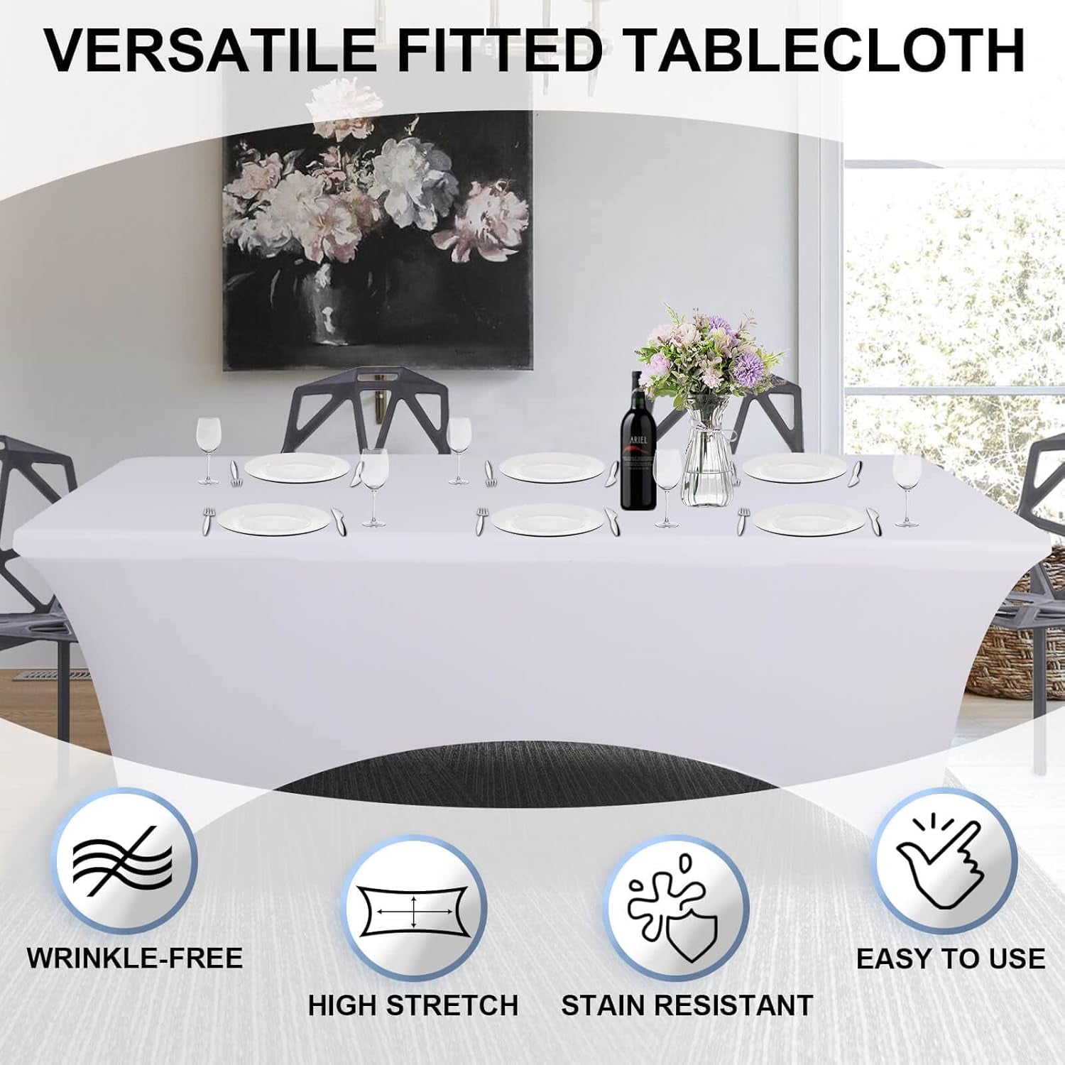 Fitted Rectangle Tablecloth White 8 Feet Table Clothes - Elastic Spandex Massage Bed Table Cover, Stretch Wrinkle Free Linens for Party, Wedding, Birthday, Banquet, Vendor