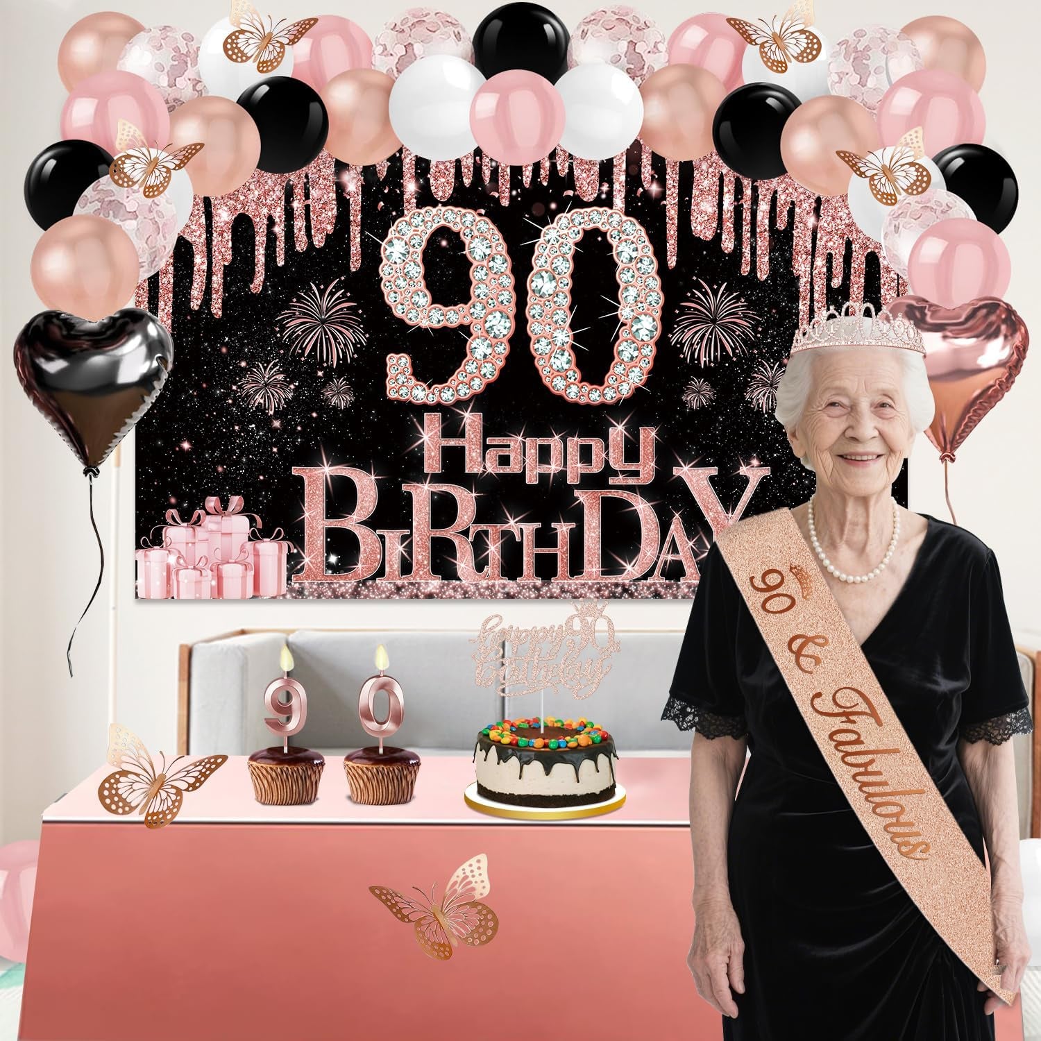 90Th Birthday Decorations for Women, 49Pcs Black Rose Gold Black Happy 90Th Birthday Banner, Tablecloth, Butterfly Decor, Sash and Tiara, Cake Topper, Candles, Balloons Arch