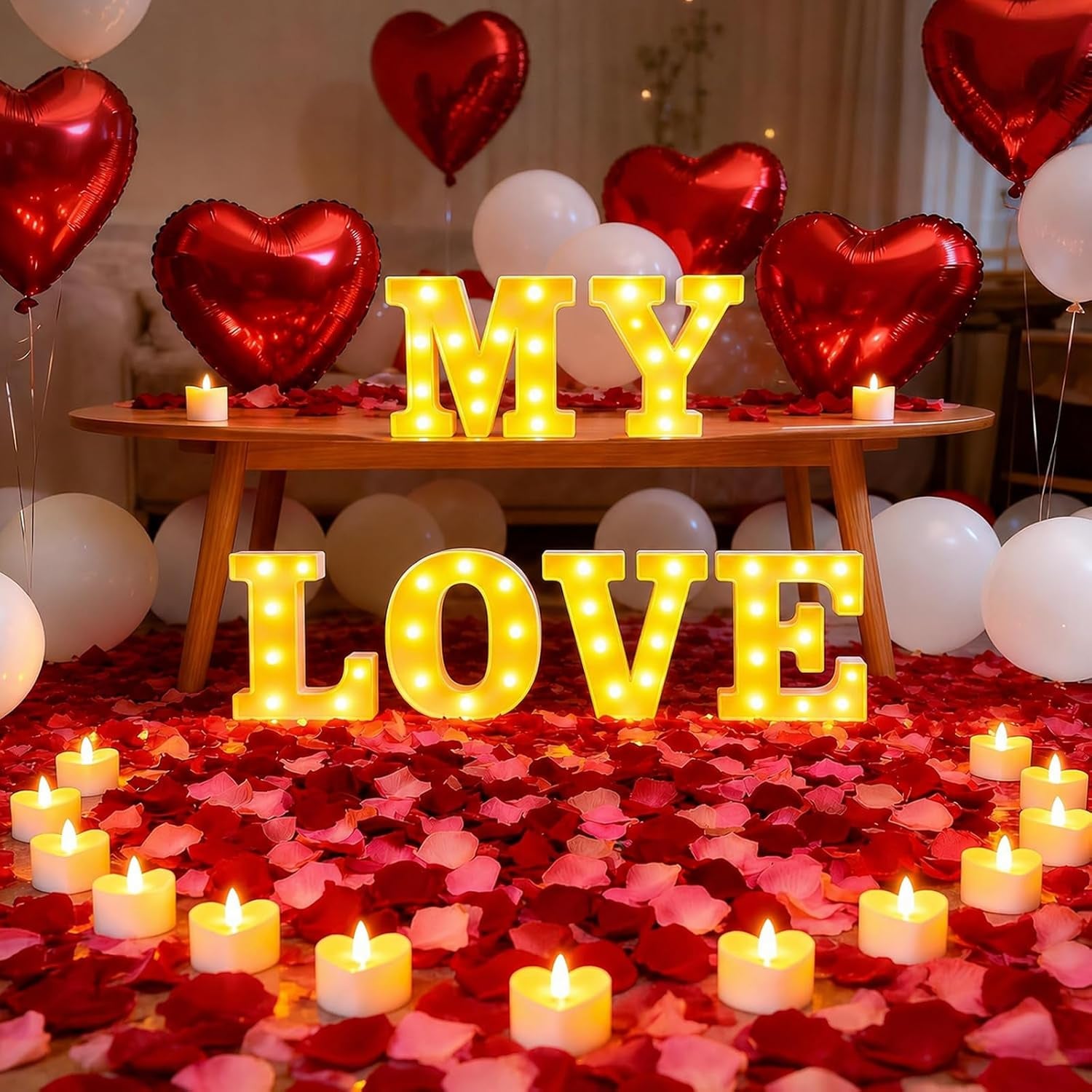 Marry Me Light up Letters, with 30 Tea Lights Candles, Rose Petals, Aluminum Balloons, Balloons, Red Carpet, Rose Ring Box, Double Sided Tape, Valentine'S Day Proposal Engagement Wedding Decorations